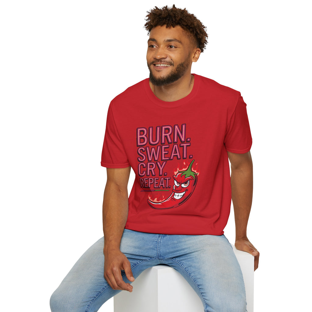 Burn. Sweat. Cry. Repeat. T-Shirt — Spicy Fitness Motivation Tee