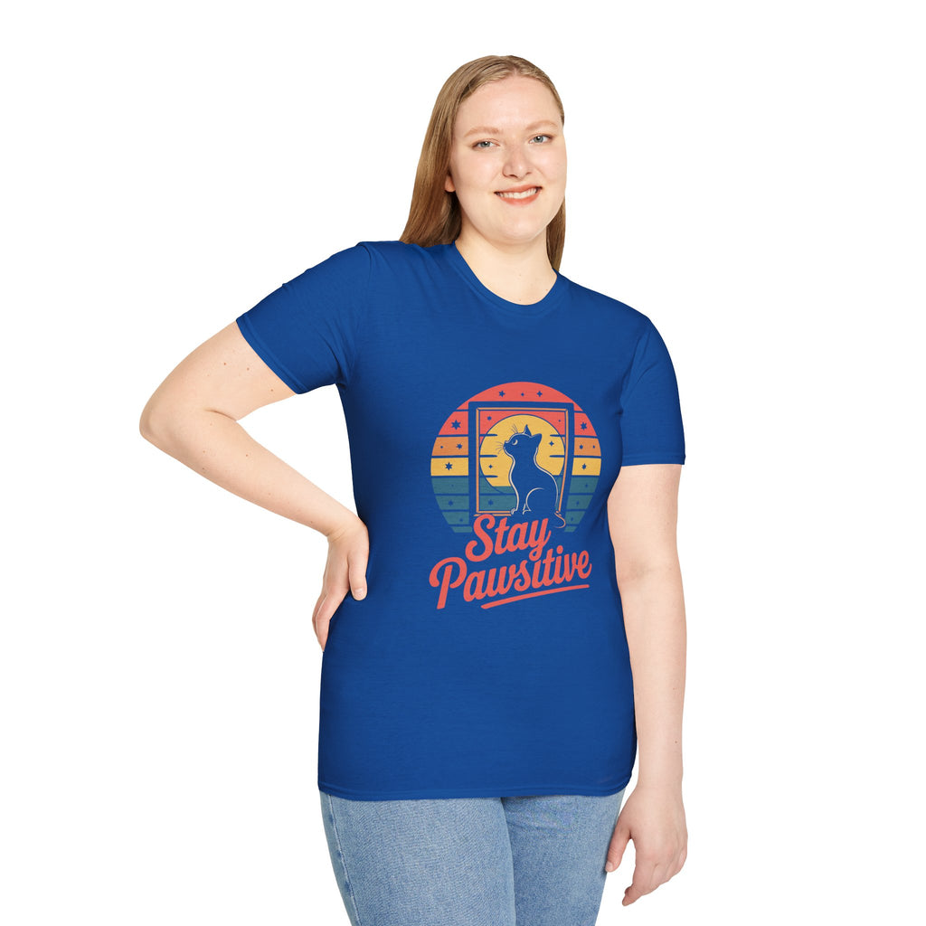Stay Pawsitive Cat T-Shirt — Retro Rainbow Cat Graphic Tee