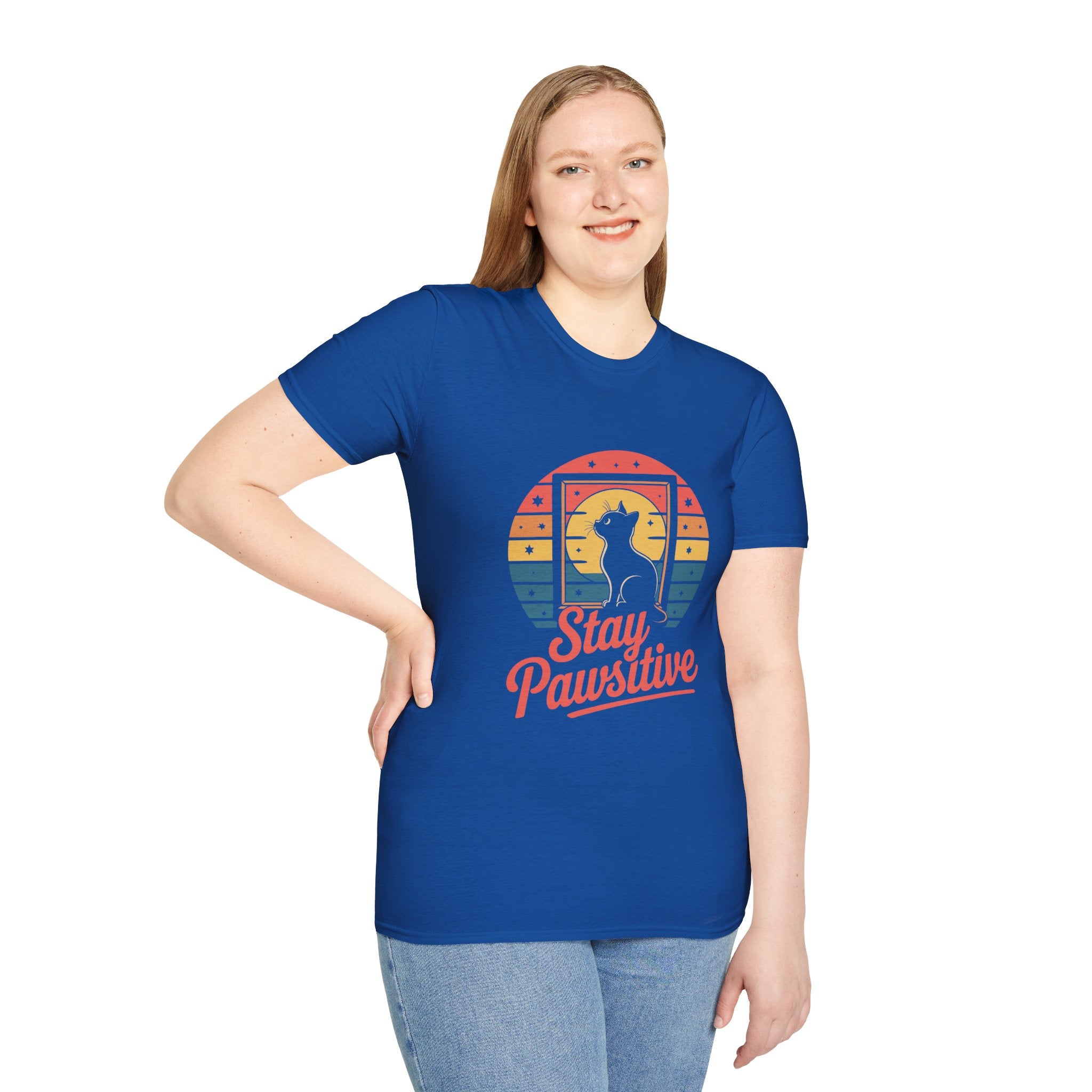 Stay Pawsitive Cat T-Shirt — Retro Rainbow Cat Graphic Tee