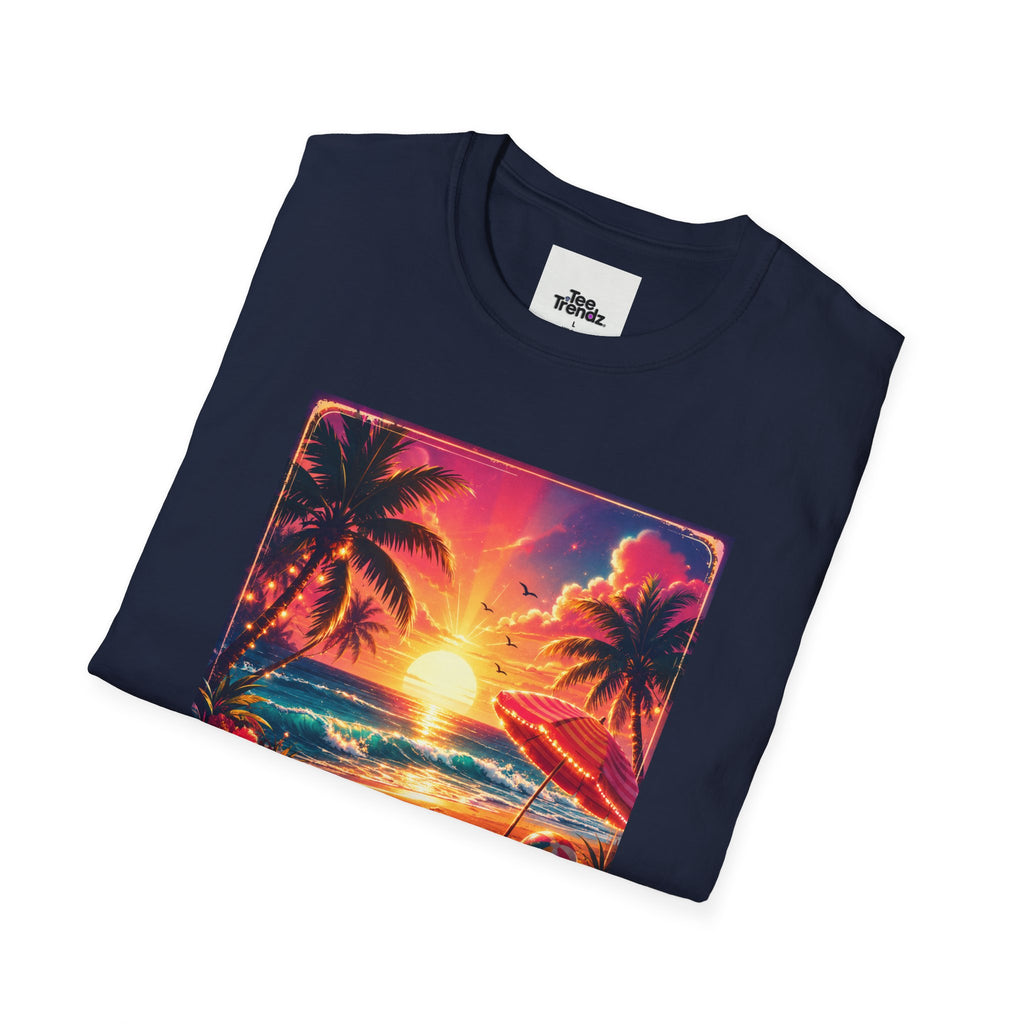Summer Never Ends T-Shirt — Retro Tropical Sunset Beach Tee
