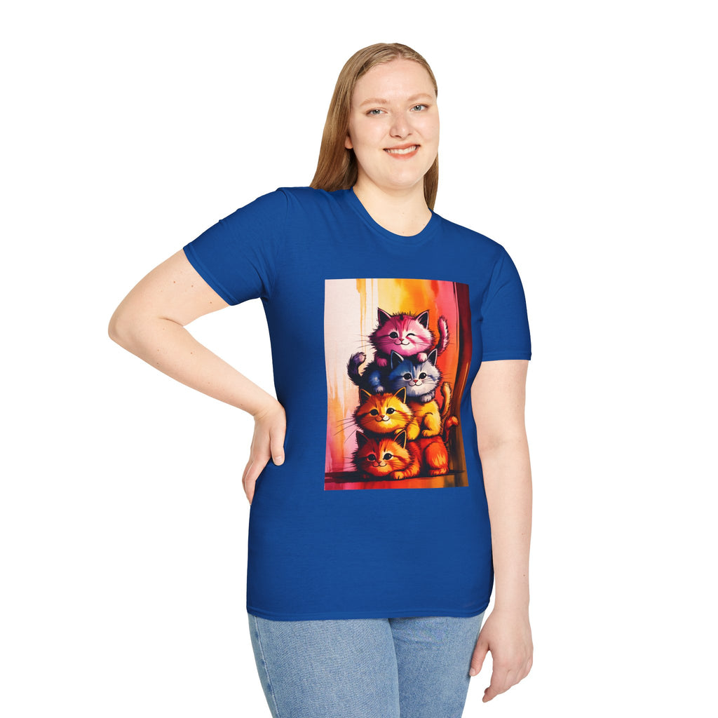 Colorful Stacked Cats T-Shirt — Playful Cute Cat Art Tee