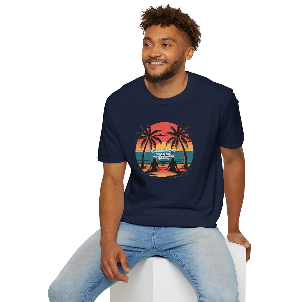 Beach Sunset T-Shirt — Couples Silhouette Palm Tree Graphic Tee (Vintage Rainbow Stripes)