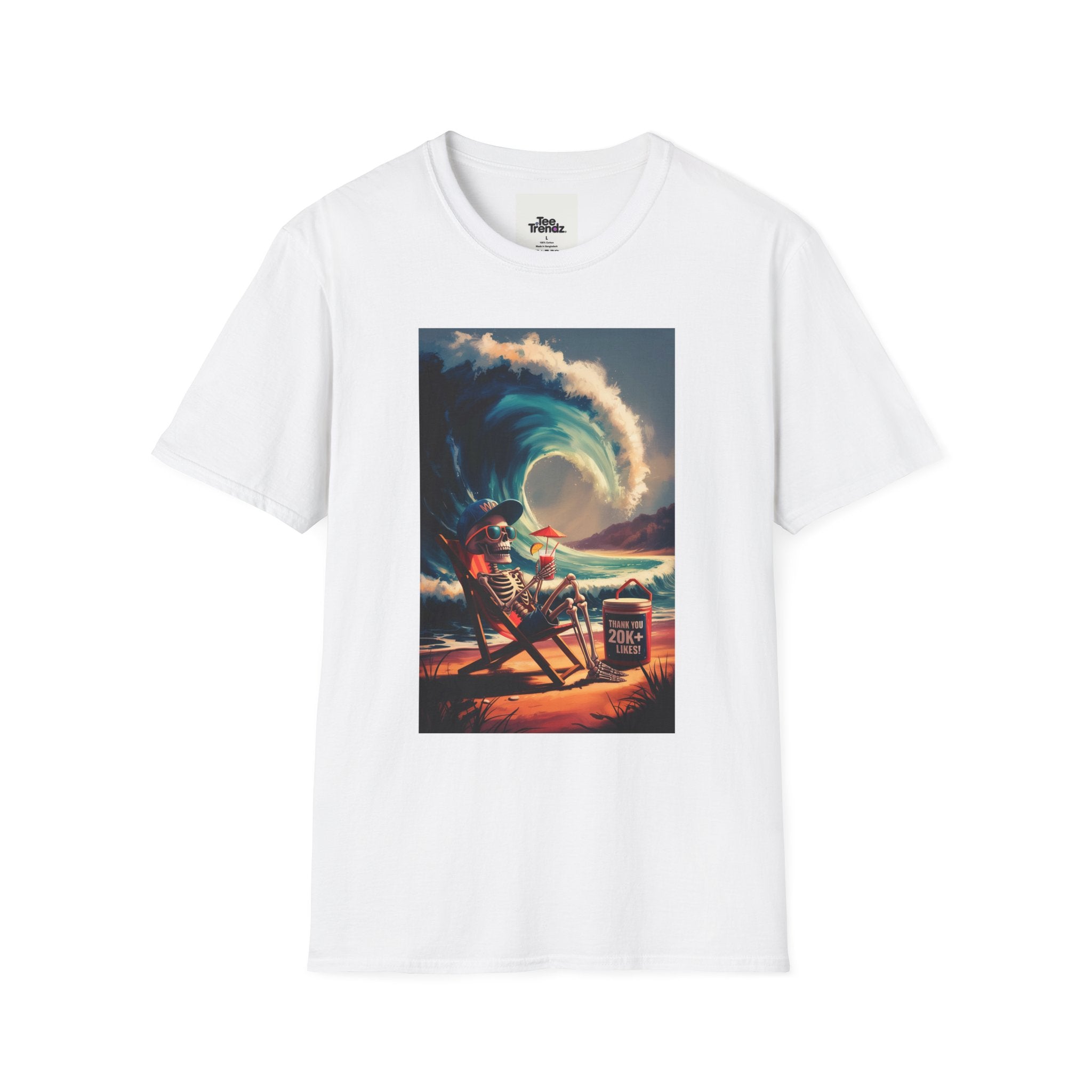 T-Shirt - Retro Beach Surf Scene with Giant Wave and Relaxing Skeleton (Vintage Coastal Vibe)