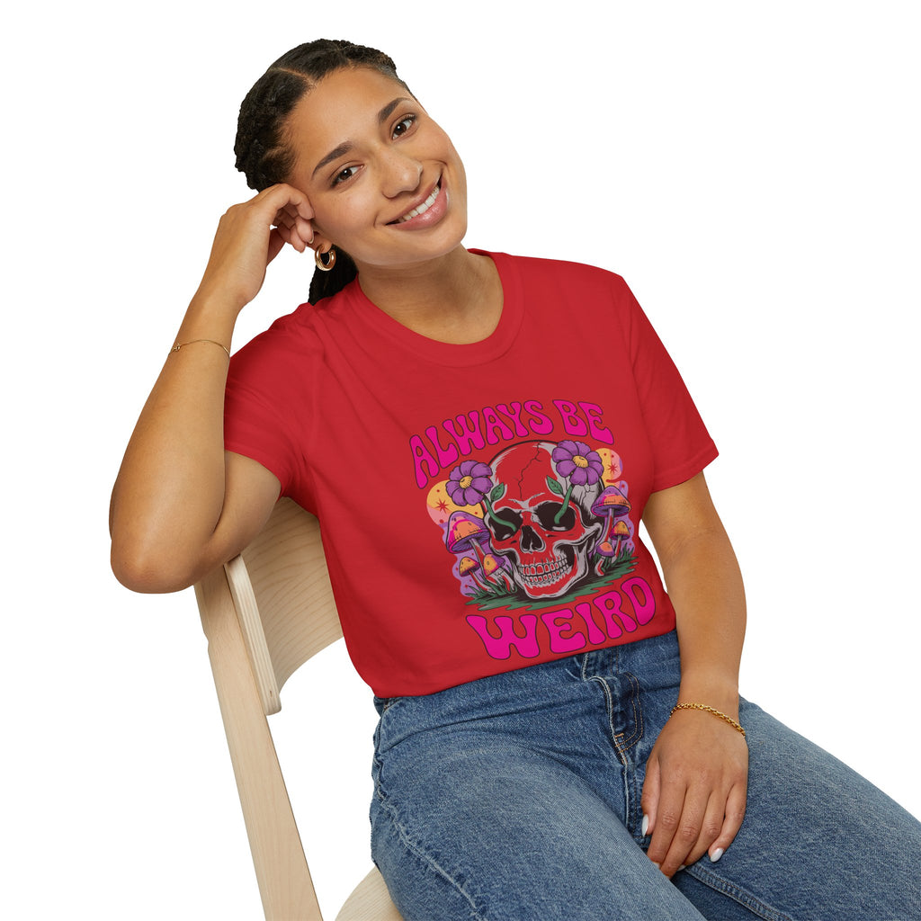 Skull & Mushrooms T-Shirt — "Always Be Weird" Retro Graphic Tee