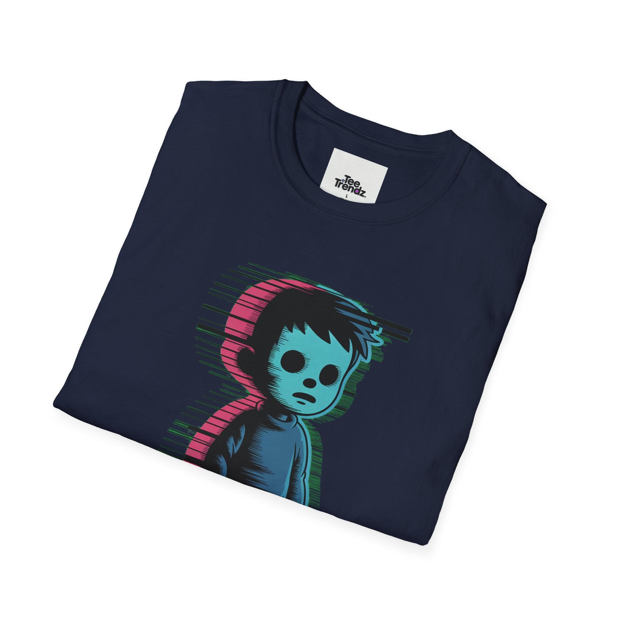 Glitch Kid Graphic T-Shirt — Retro Neon Horror Cute Tee