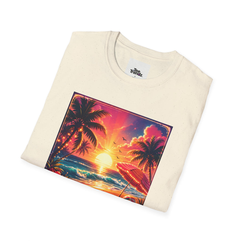 Summer Never Ends T-Shirt — Retro Tropical Sunset Beach Tee