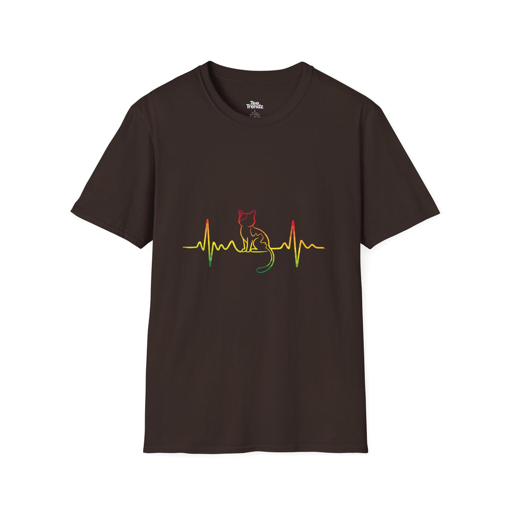 Cat Heartbeat T-Shirt — Rasta Outline Cat EKG Tee