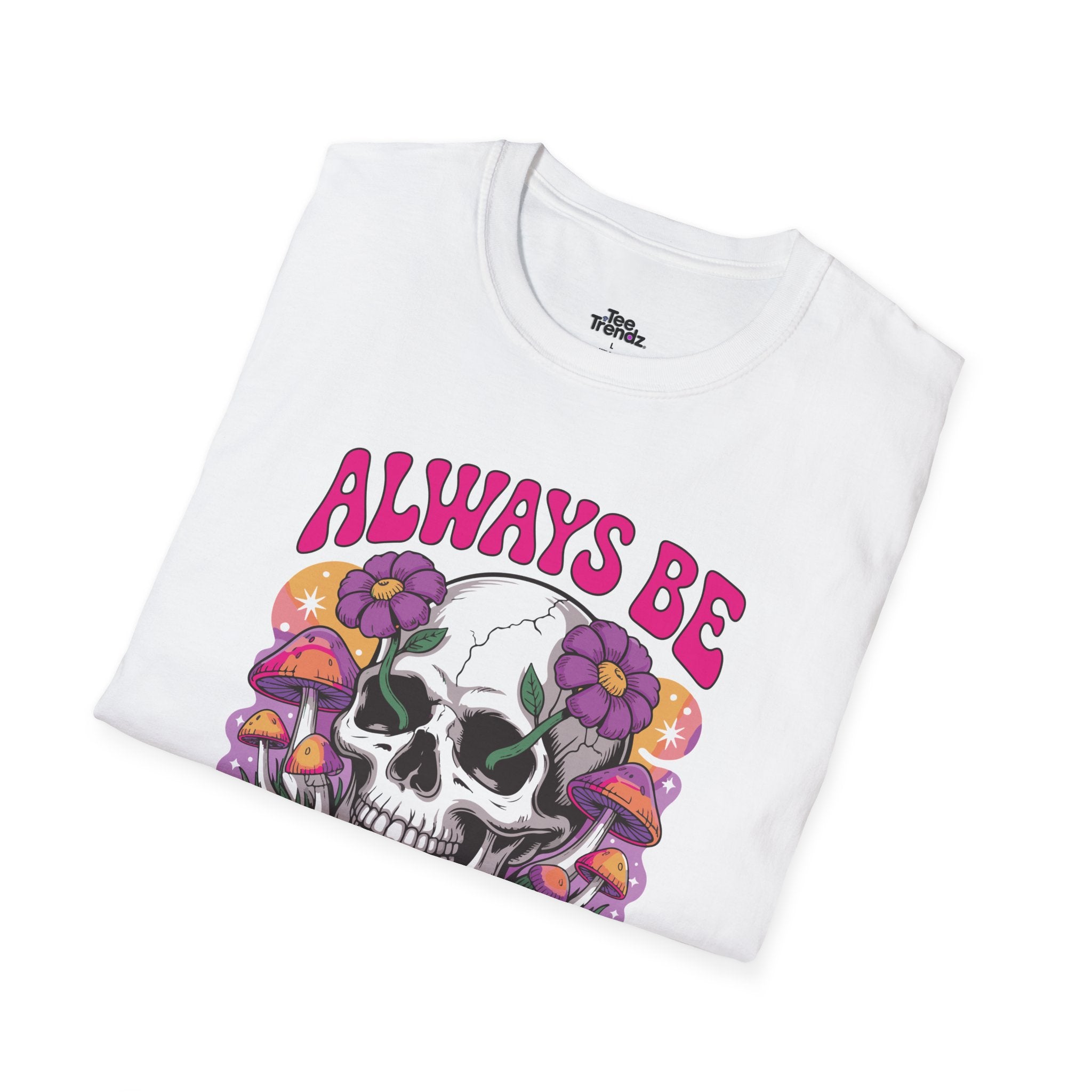 Skull & Mushrooms T-Shirt — "Always Be Weird" Retro Graphic Tee