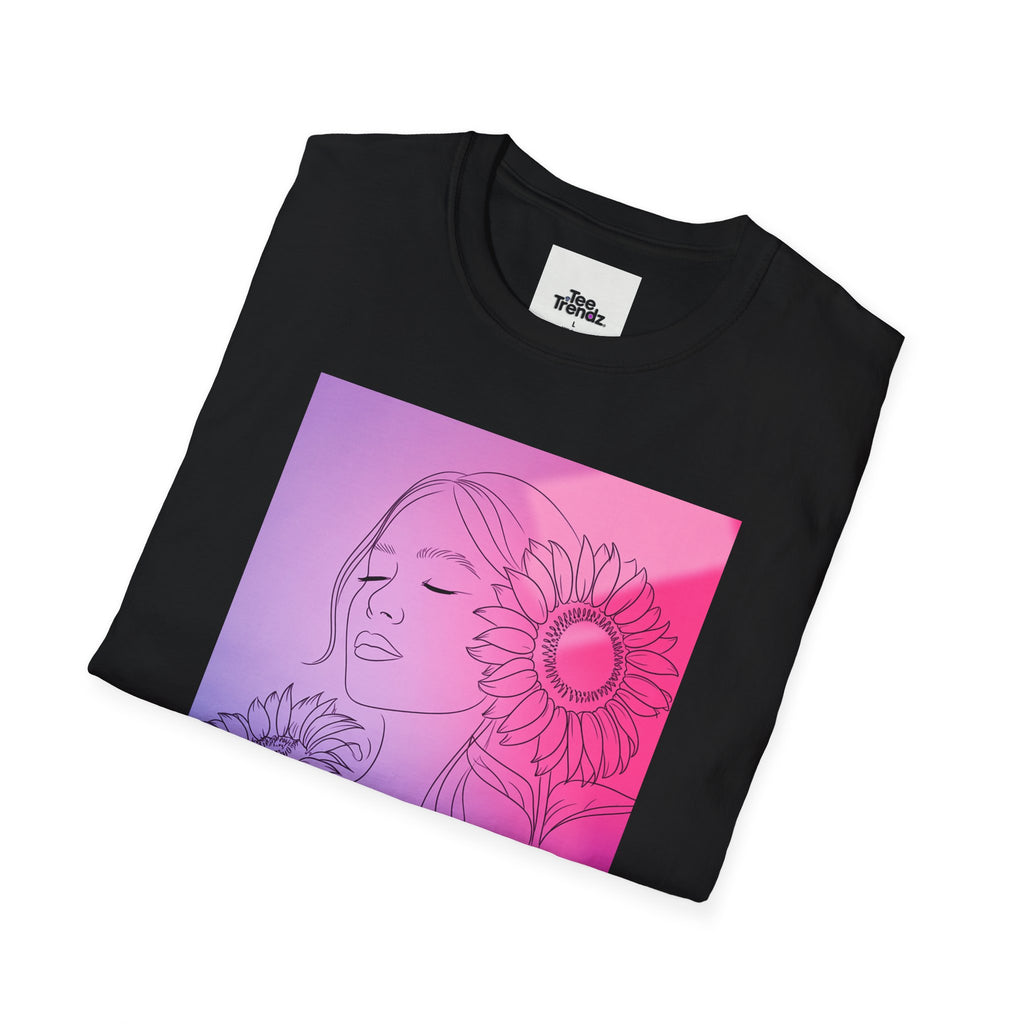 Floral Muse Tee — Pink to Blue Gradient Sunflower Portrait T-Shirt