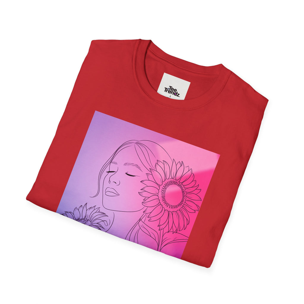 Floral Muse Tee — Pink to Blue Gradient Sunflower Portrait T-Shirt