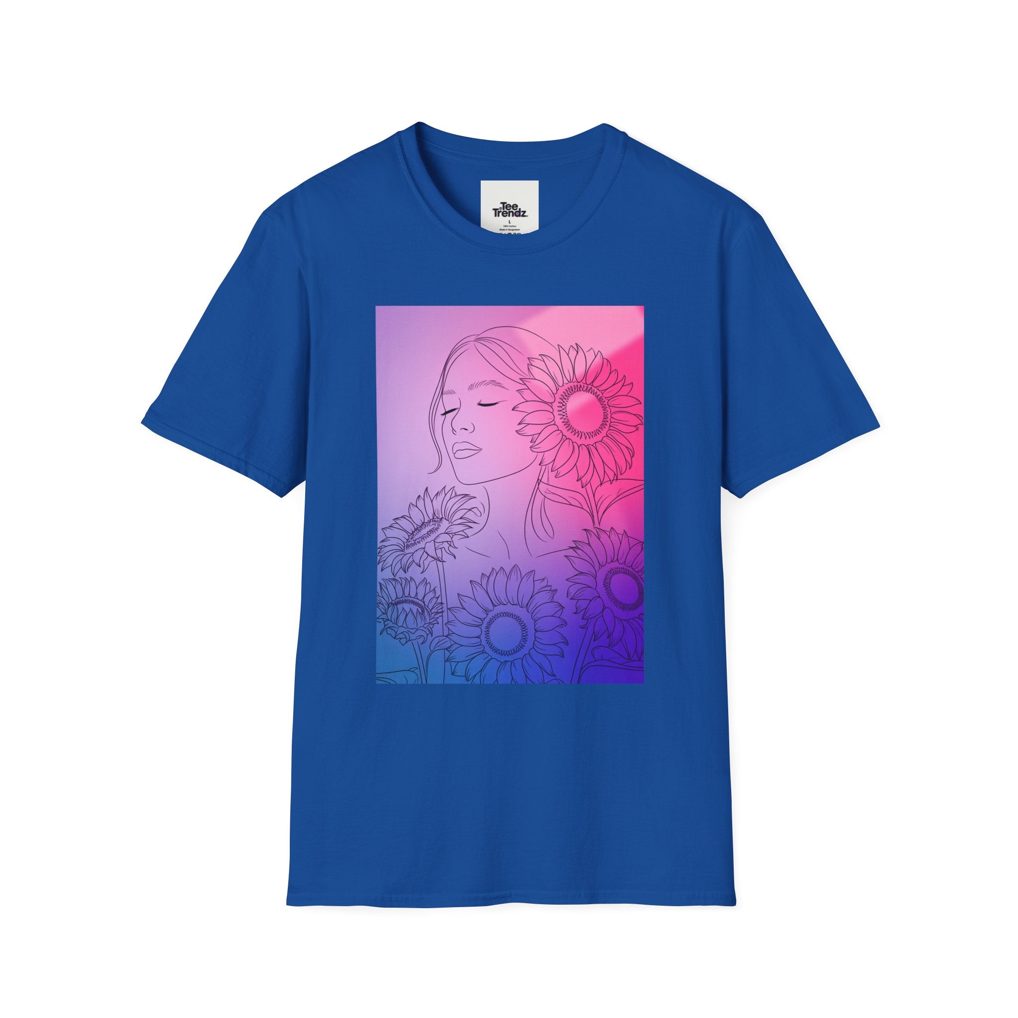 Floral Muse Tee — Pink to Blue Gradient Sunflower Portrait T-Shirt