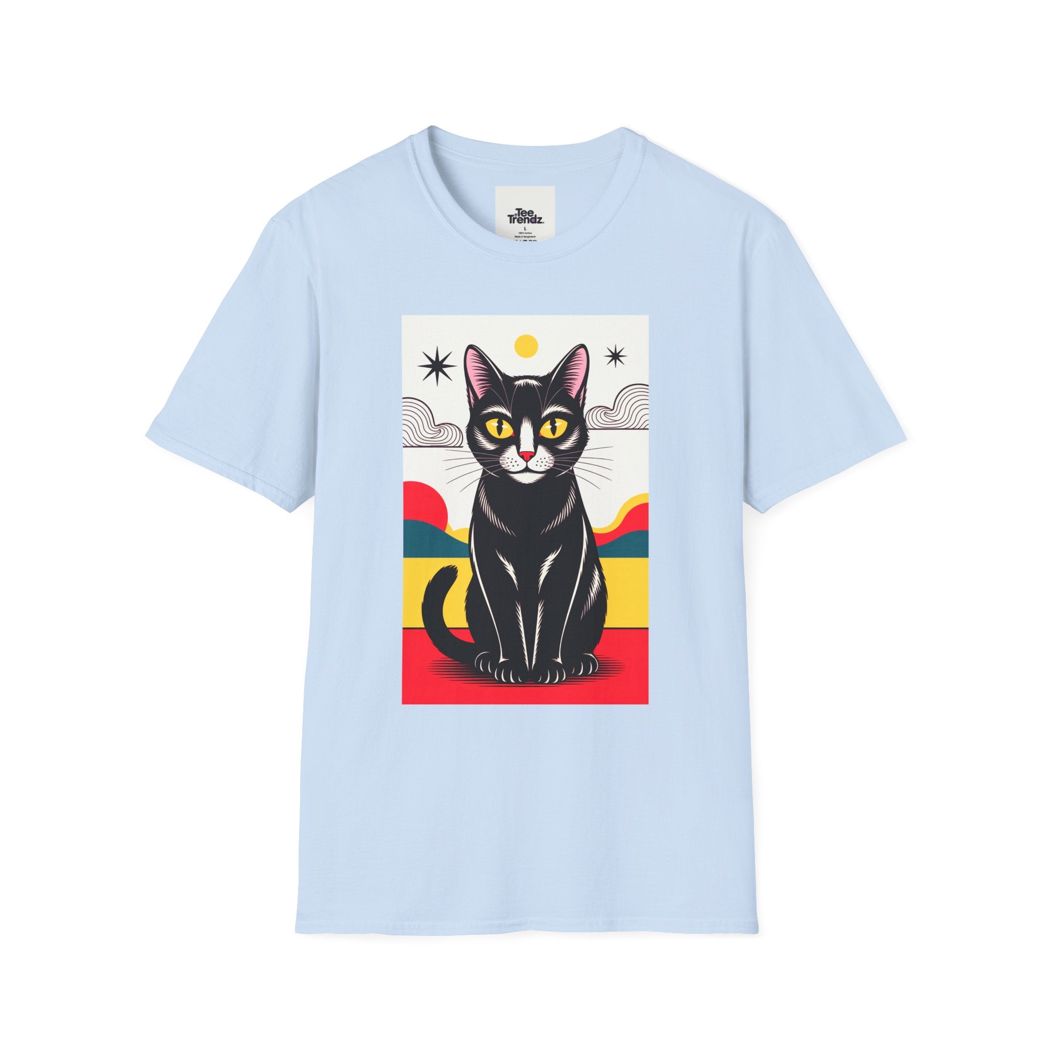 Black Cat Graphic T-Shirt — Retro Sunset Cat Illustration