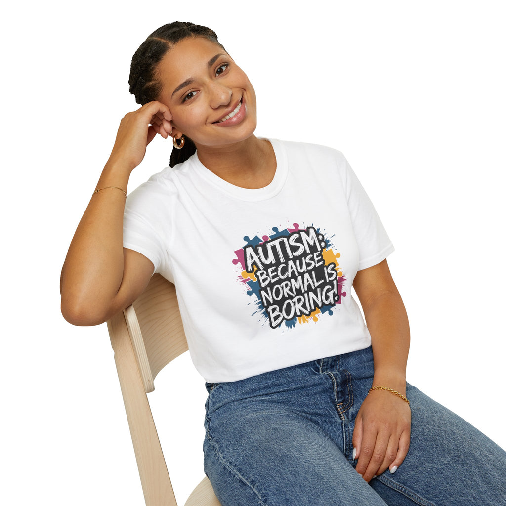 Autism Because Normal Is Boring T-Shirt — Colorful Puzzle Piece Awareness Tee