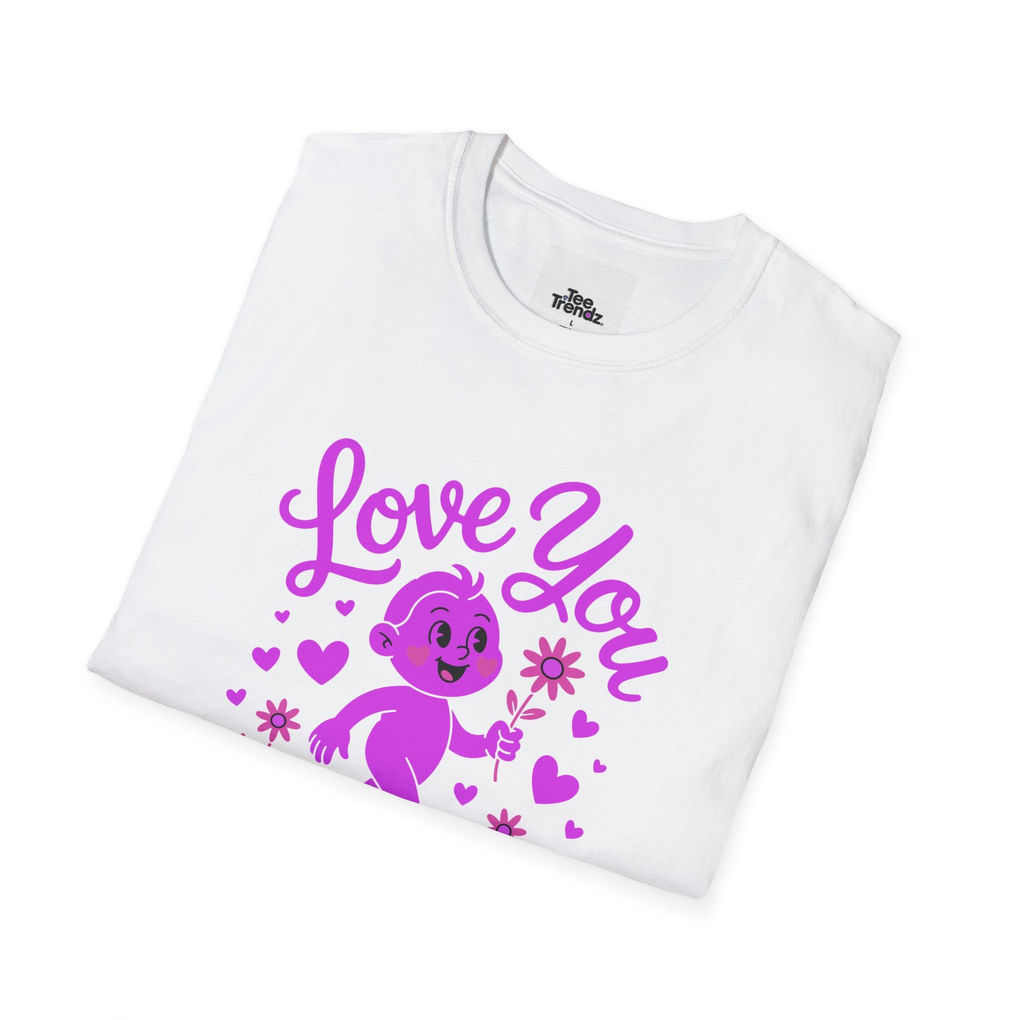 Love You Cute Character T-Shirt — Retro Pink Heart Cartoon Graphic Tee for Valentine’s Day