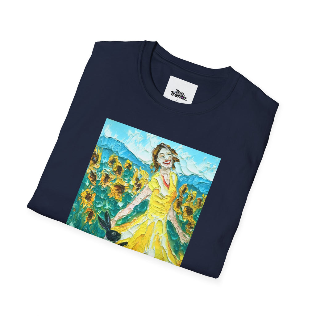Sunflower Field Dress T-Shirt — Whimsical Girl & Dog Art Tee