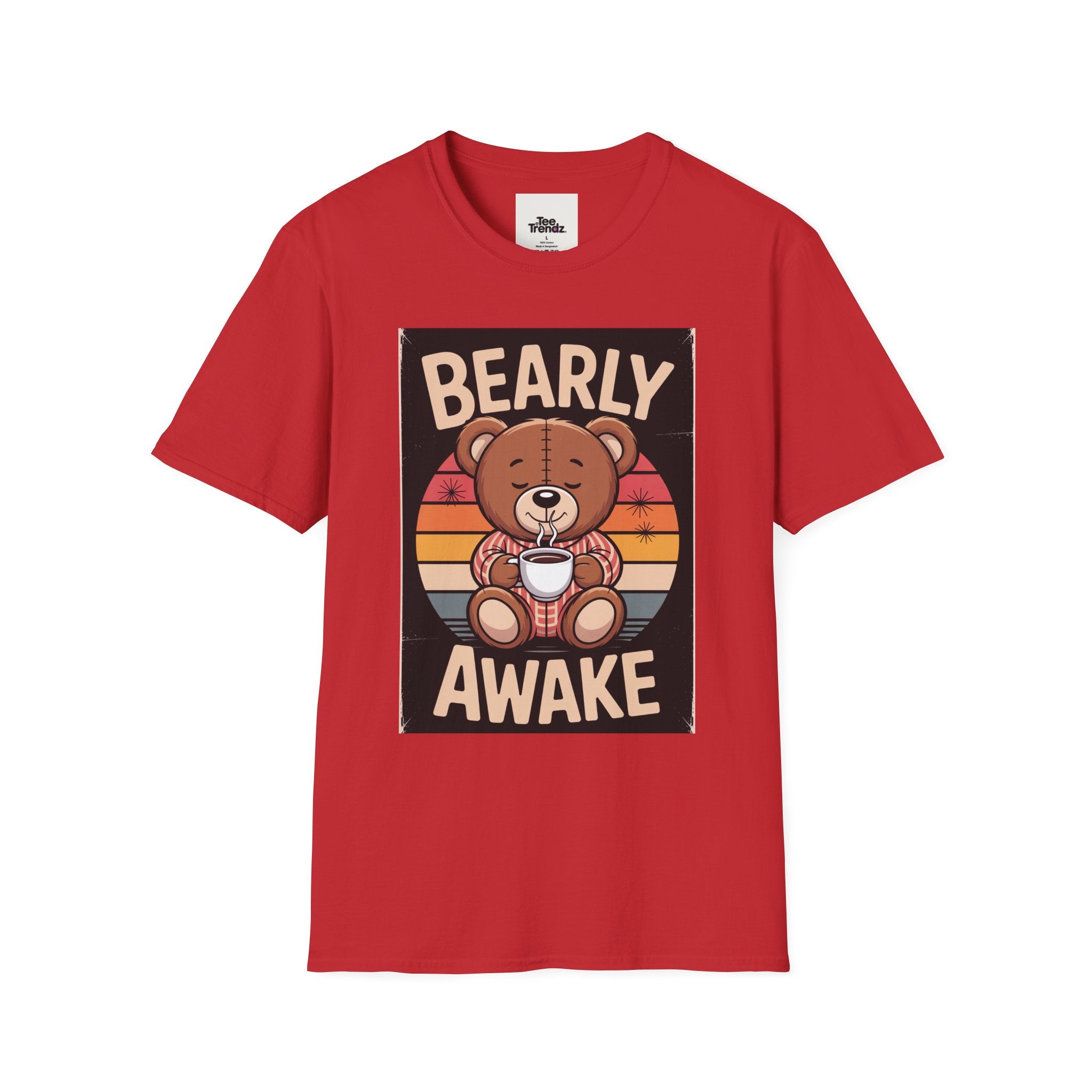 Bearly Awake T‑Shirt — Cute Coffee Bear Vintage Sunset Tee