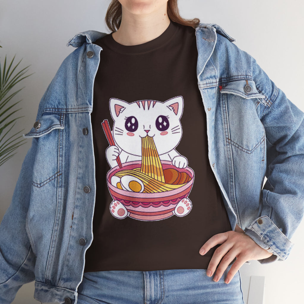 Cute Cat Ramen Tee – Kawaii Kitty Eating Noodles Graphic Shirt
