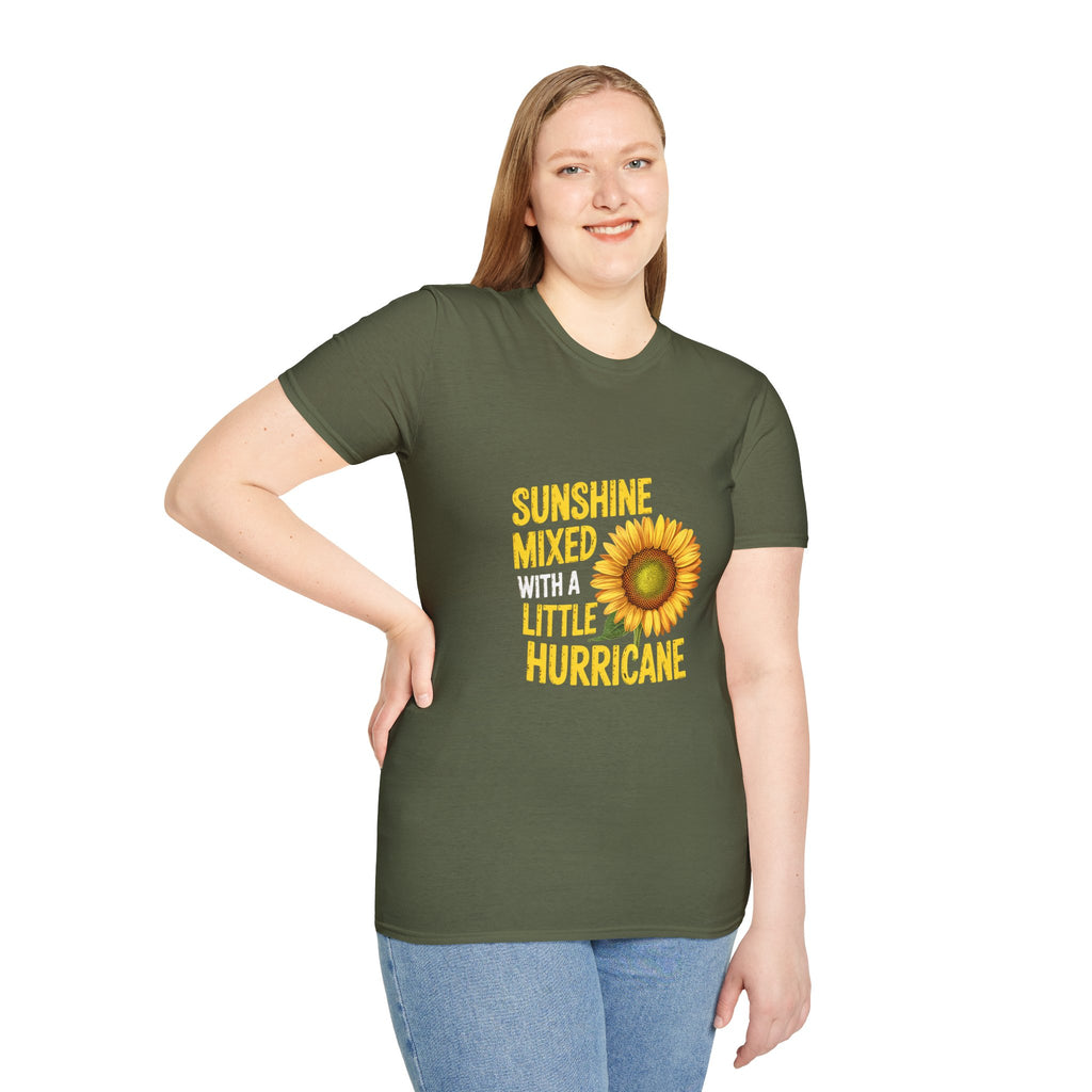 Sunshine Mixed With A Little Hurricane T-Shirt – Sunflower Graphic Tee for Bold, Fun-Loving Women