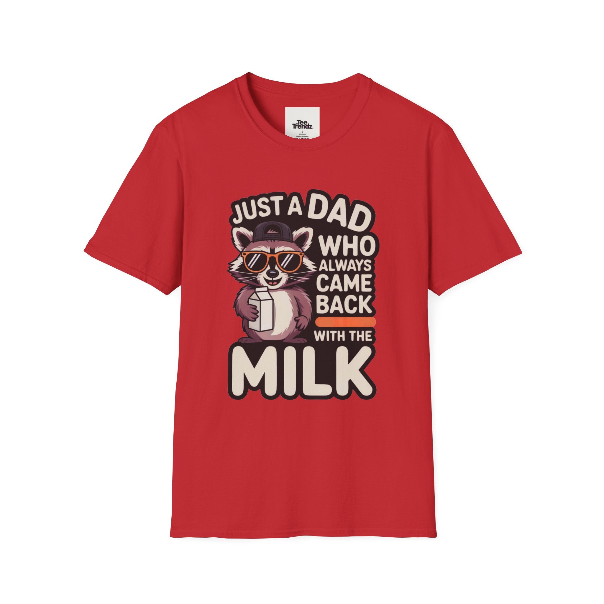 Dad T-Shirt — “Just a Dad Who Always Came Back With the Milk” Vintage Raccoon Design