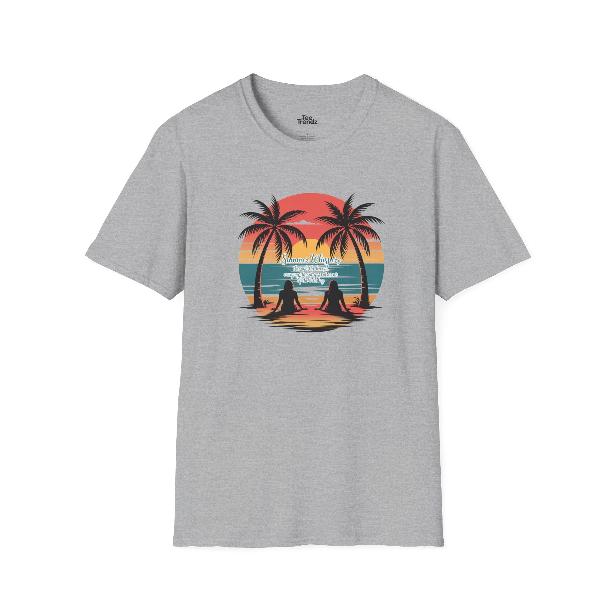 Beach Sunset T-Shirt — Couples Silhouette Palm Tree Graphic Tee (Vintage Rainbow Stripes)