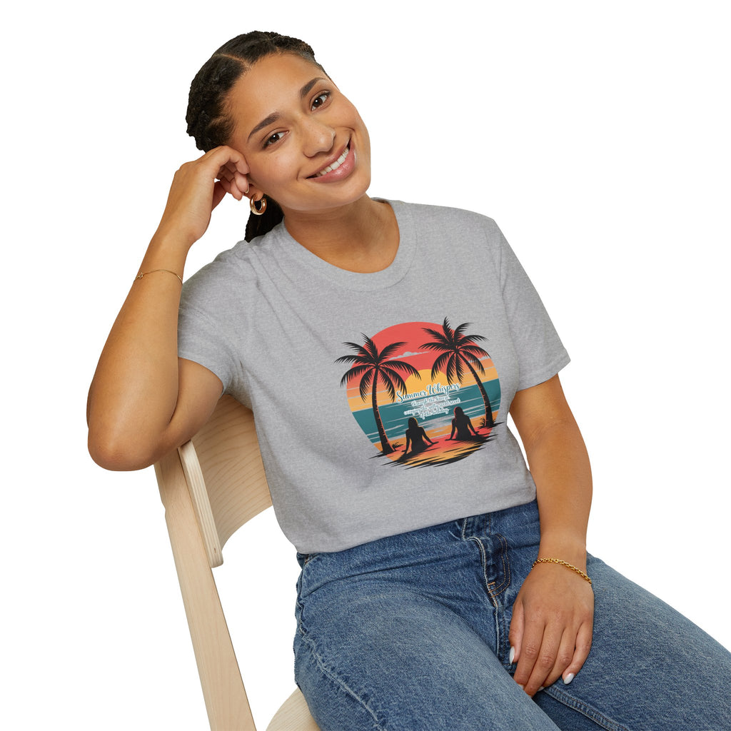 Beach Sunset T-Shirt — Couples Silhouette Palm Tree Graphic Tee (Vintage Rainbow Stripes)