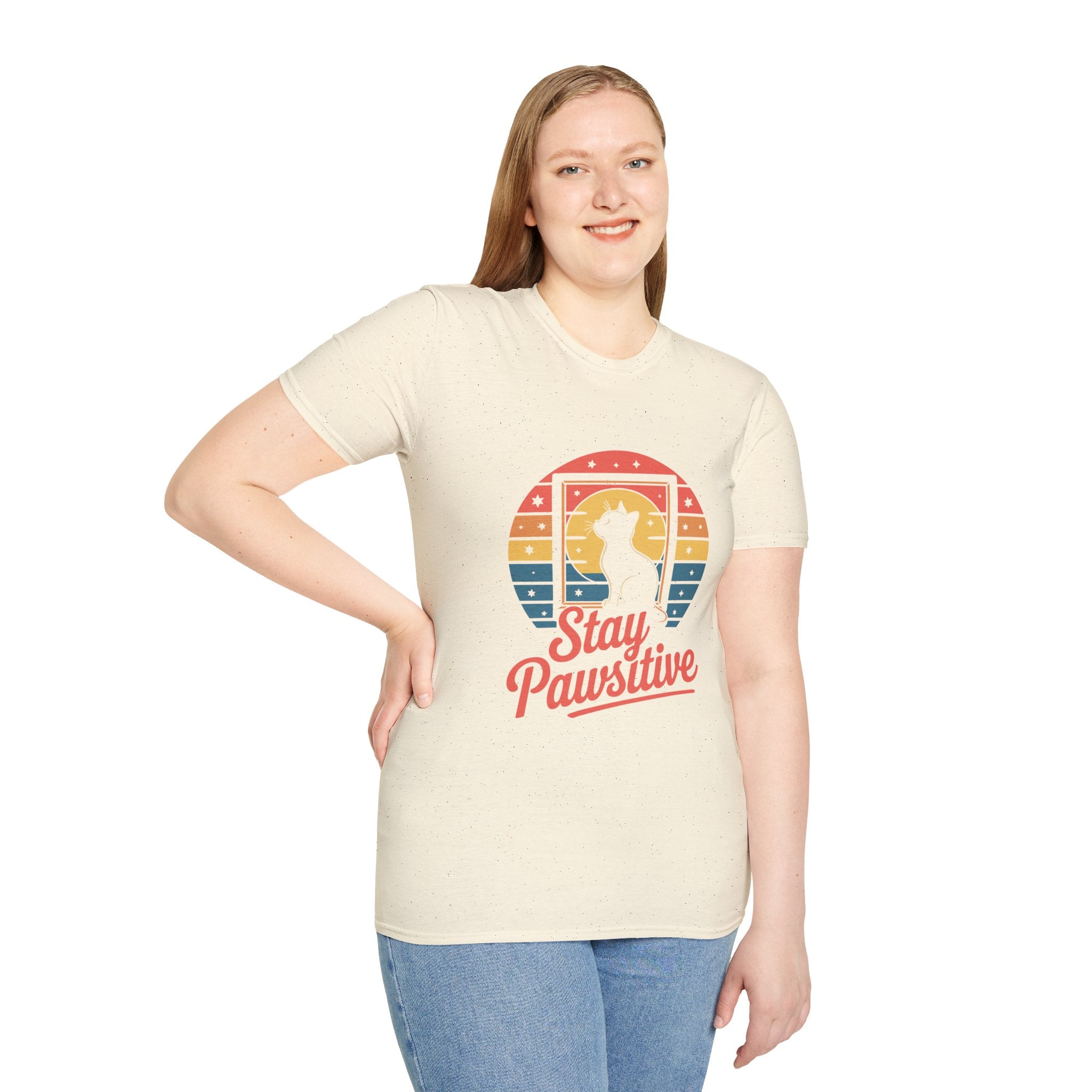 Stay Pawsitive Cat T-Shirt — Retro Rainbow Cat Graphic Tee