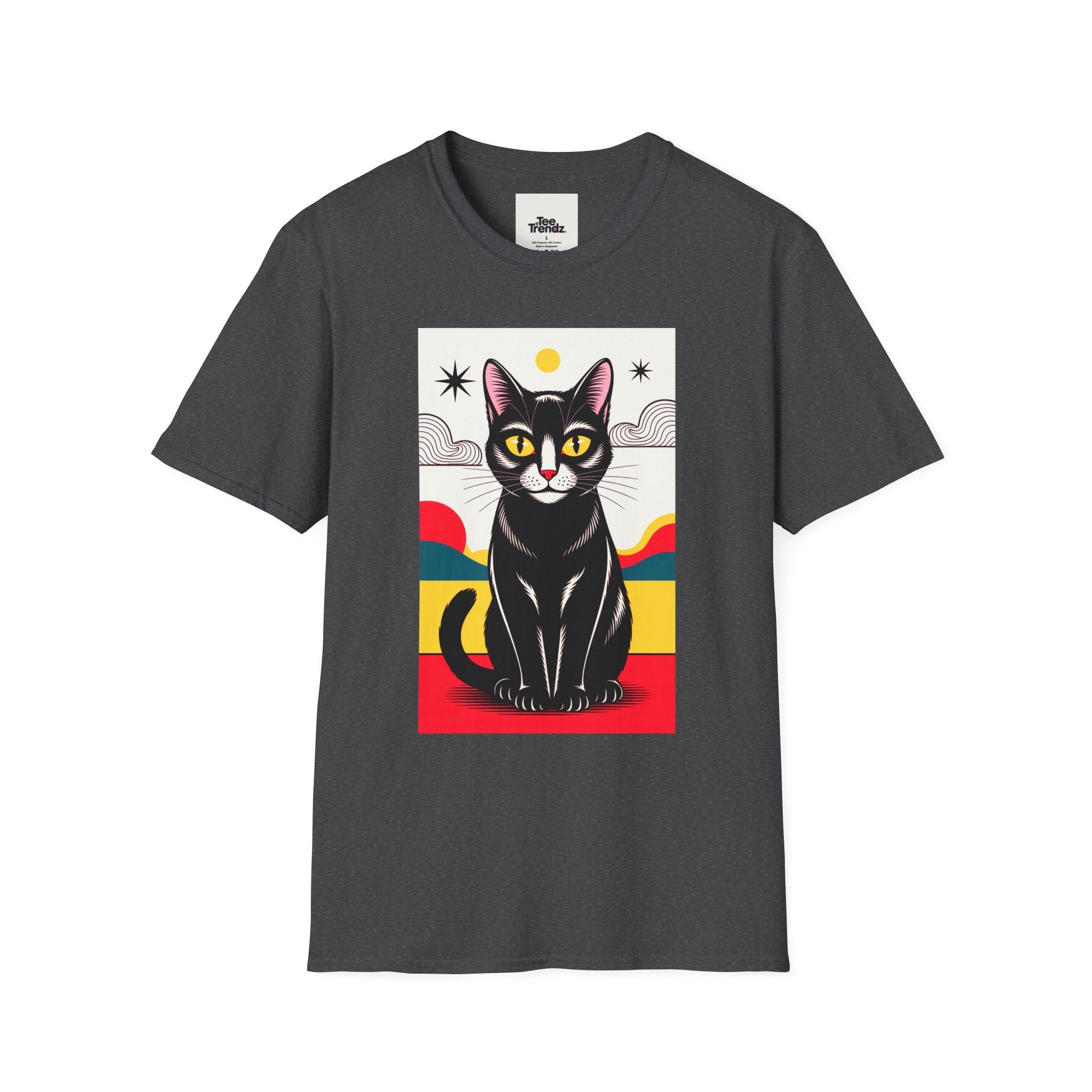 Black Cat Graphic T-Shirt — Retro Sunset Cat Illustration