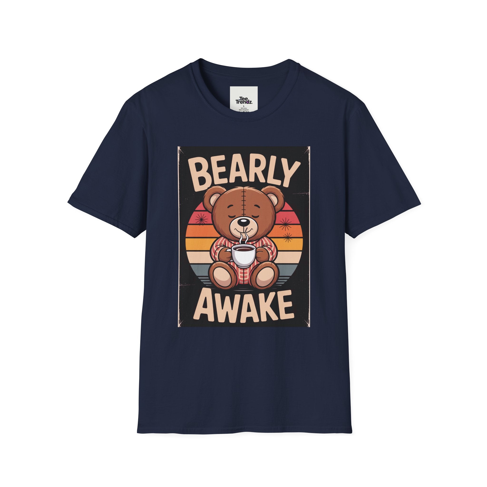 Bearly Awake T‑Shirt — Cute Coffee Bear Vintage Sunset Tee