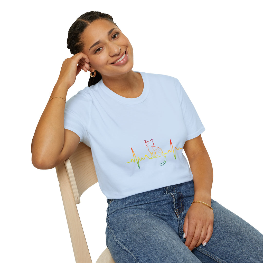 Cat Heartbeat T-Shirt — Rasta Outline Cat EKG Tee