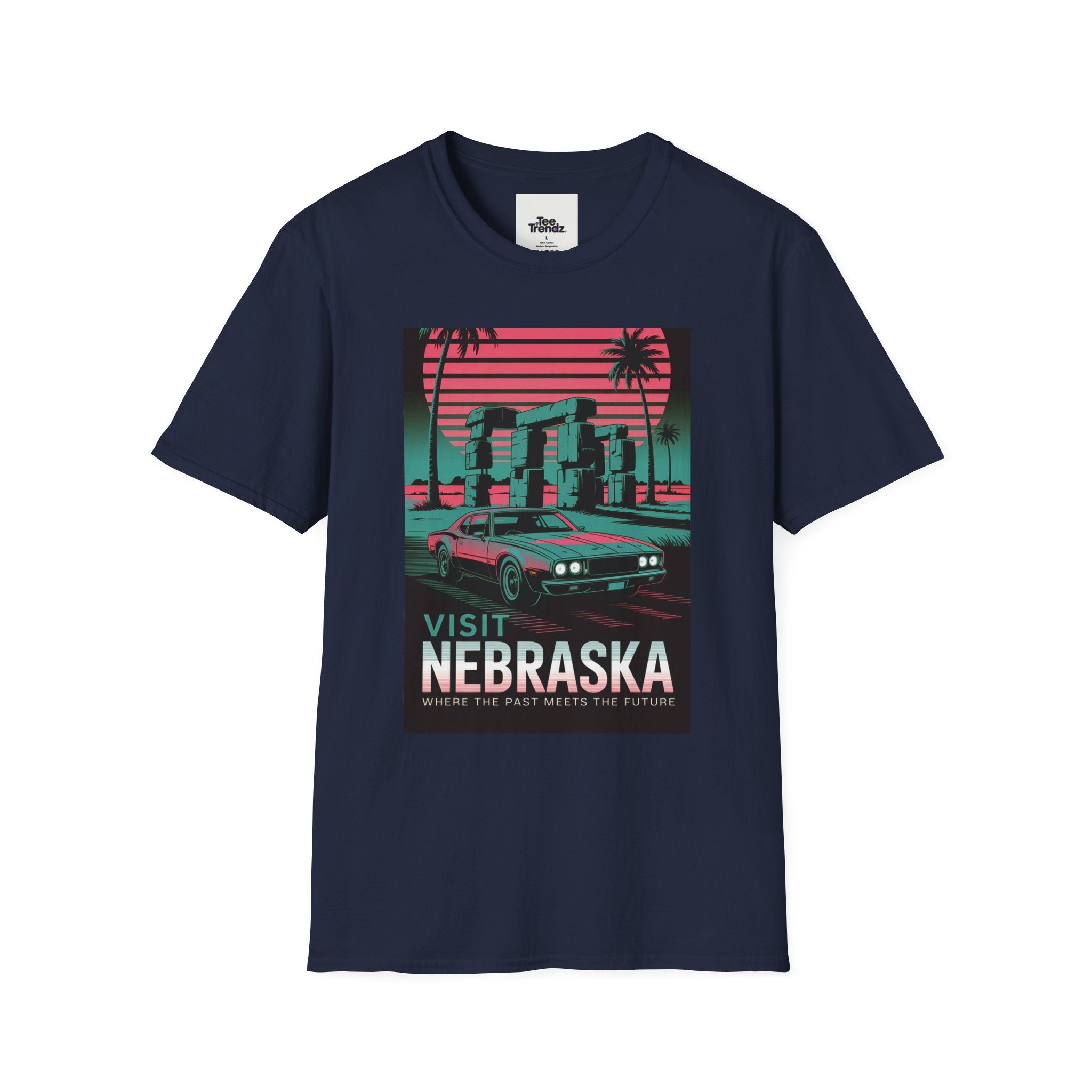 Visit Nebraska Retro T-Shirt — Neon Vintage Roadtrip Poster Design