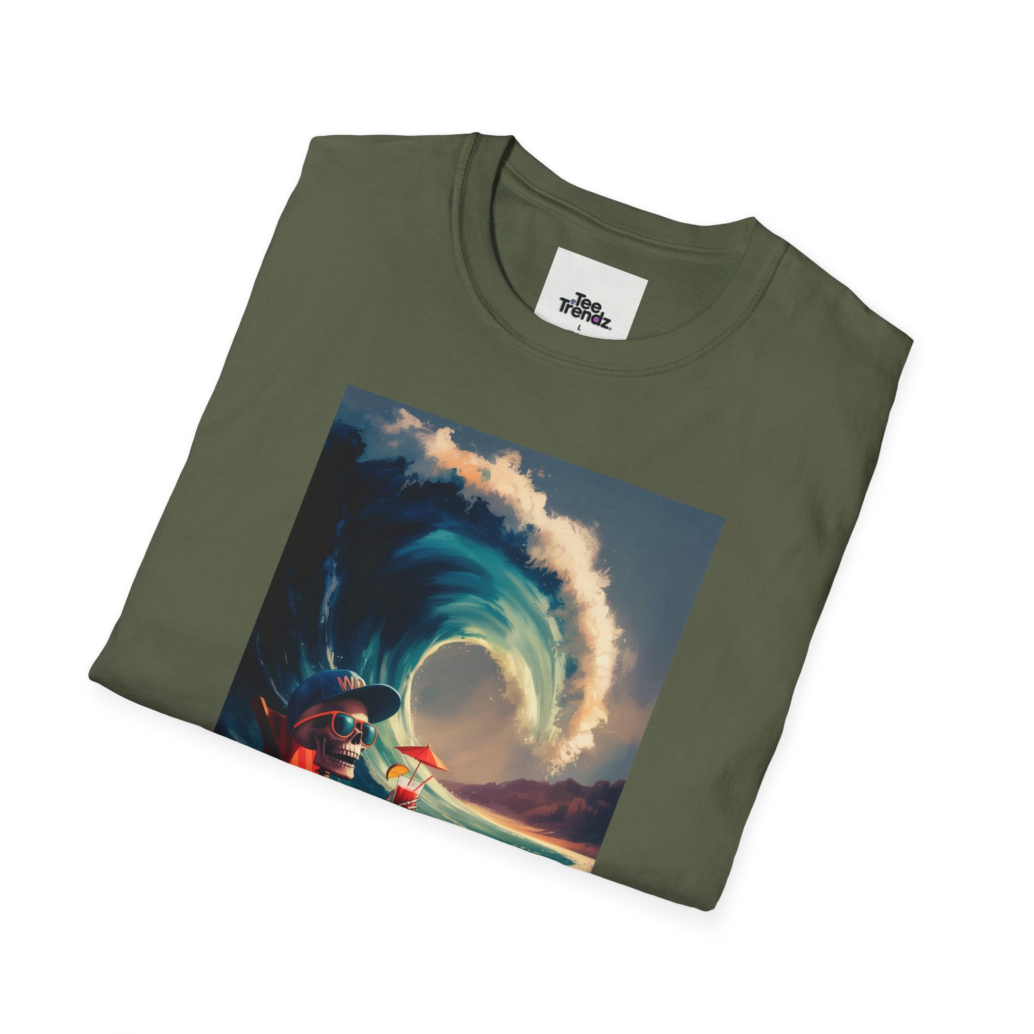 T-Shirt - Retro Beach Surf Scene with Giant Wave and Relaxing Skeleton (Vintage Coastal Vibe)