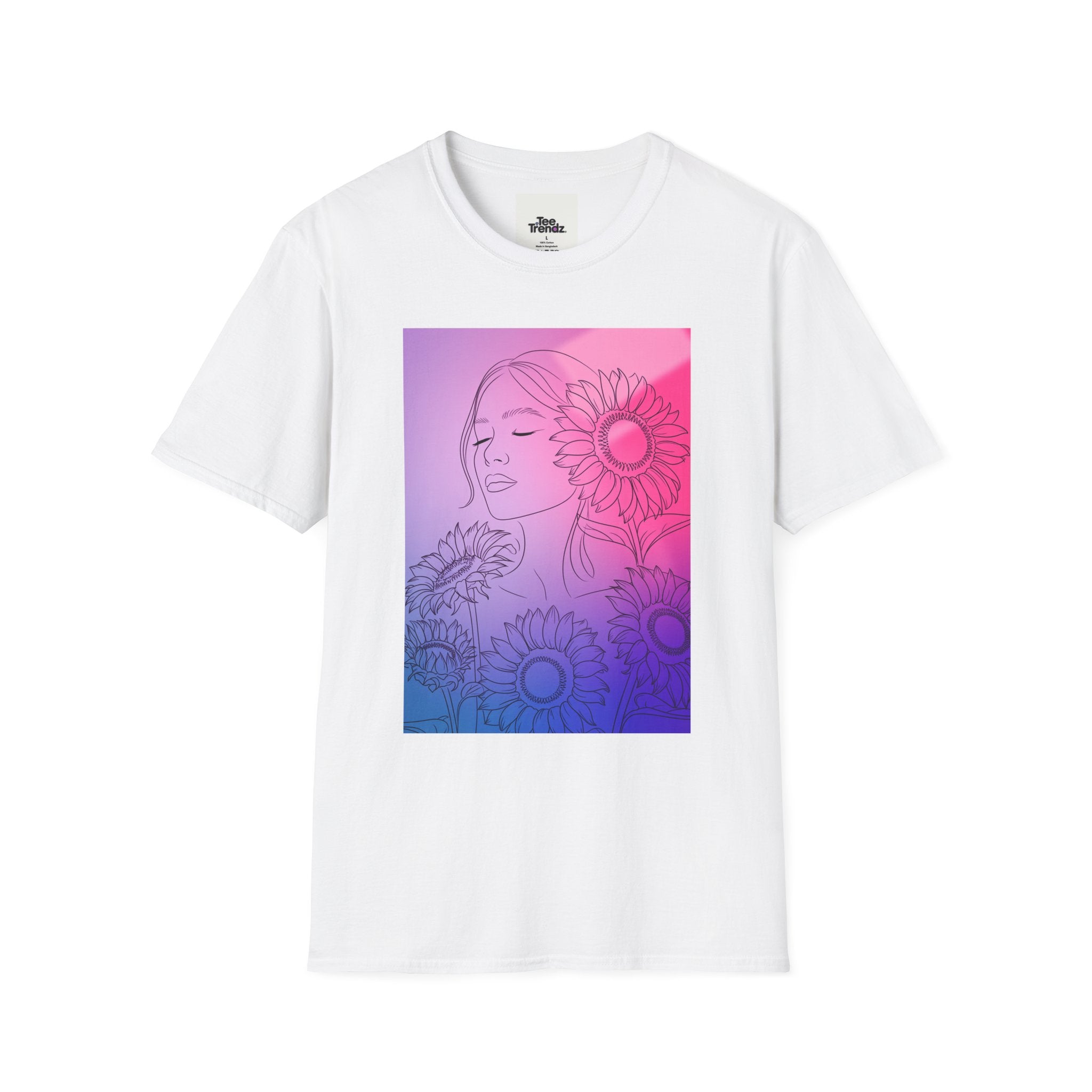 Floral Muse Tee — Pink to Blue Gradient Sunflower Portrait T-Shirt