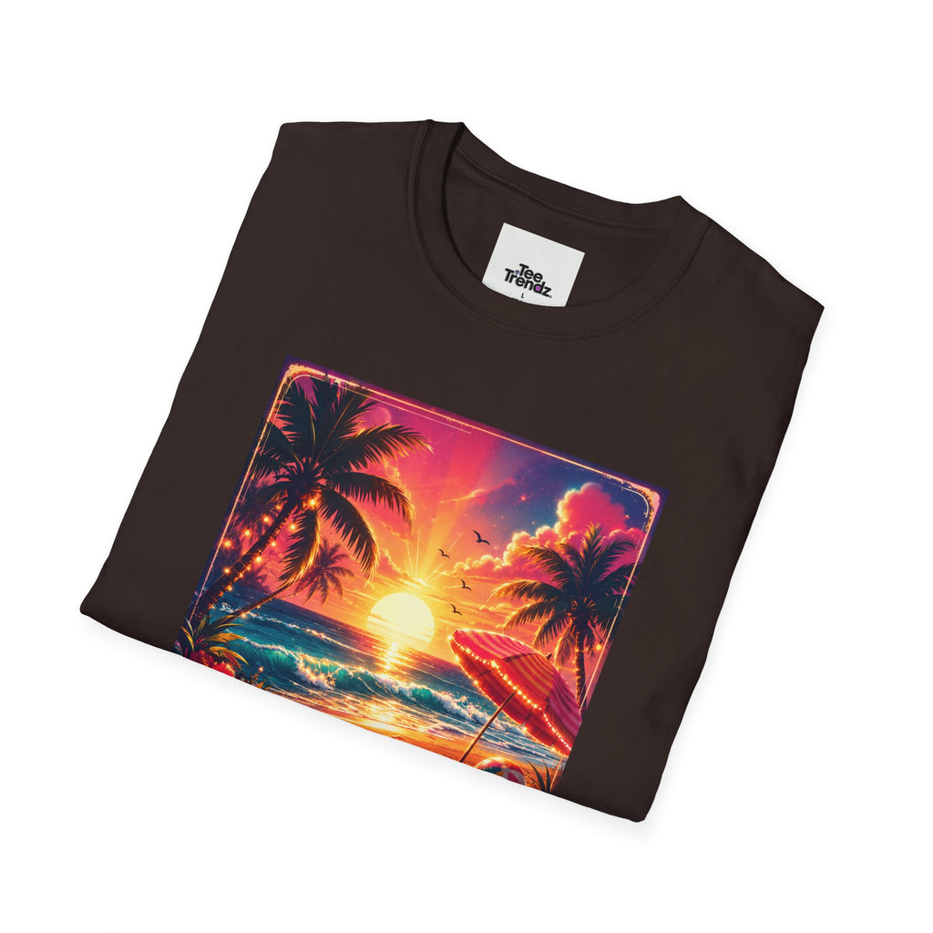 Summer Never Ends T-Shirt — Retro Tropical Sunset Beach Tee