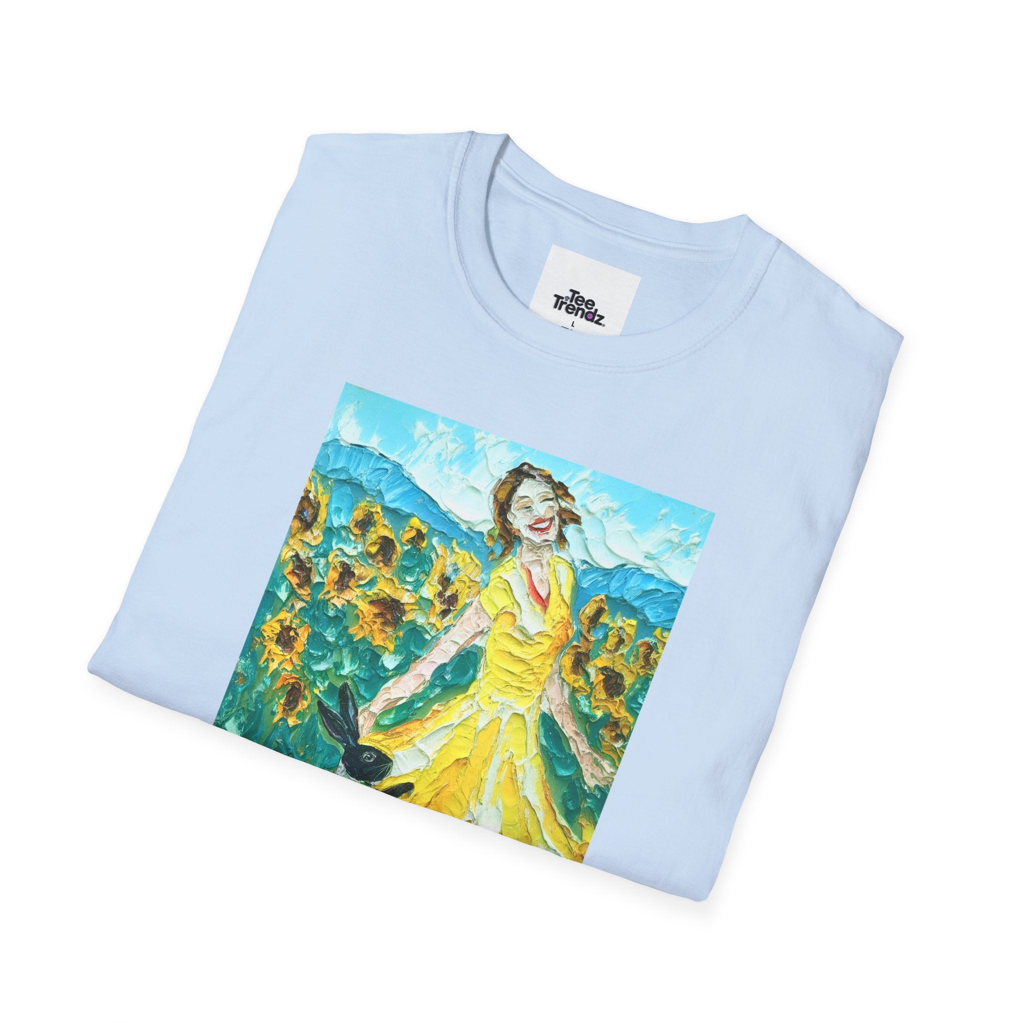 Sunflower Field Dress T-Shirt — Whimsical Girl & Dog Art Tee