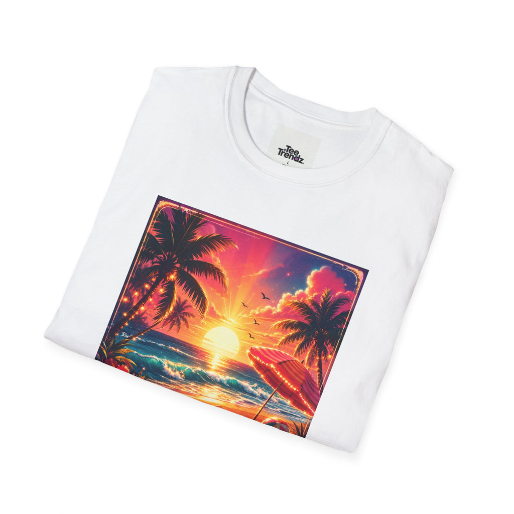 Summer Never Ends T-Shirt — Retro Tropical Sunset Beach Tee
