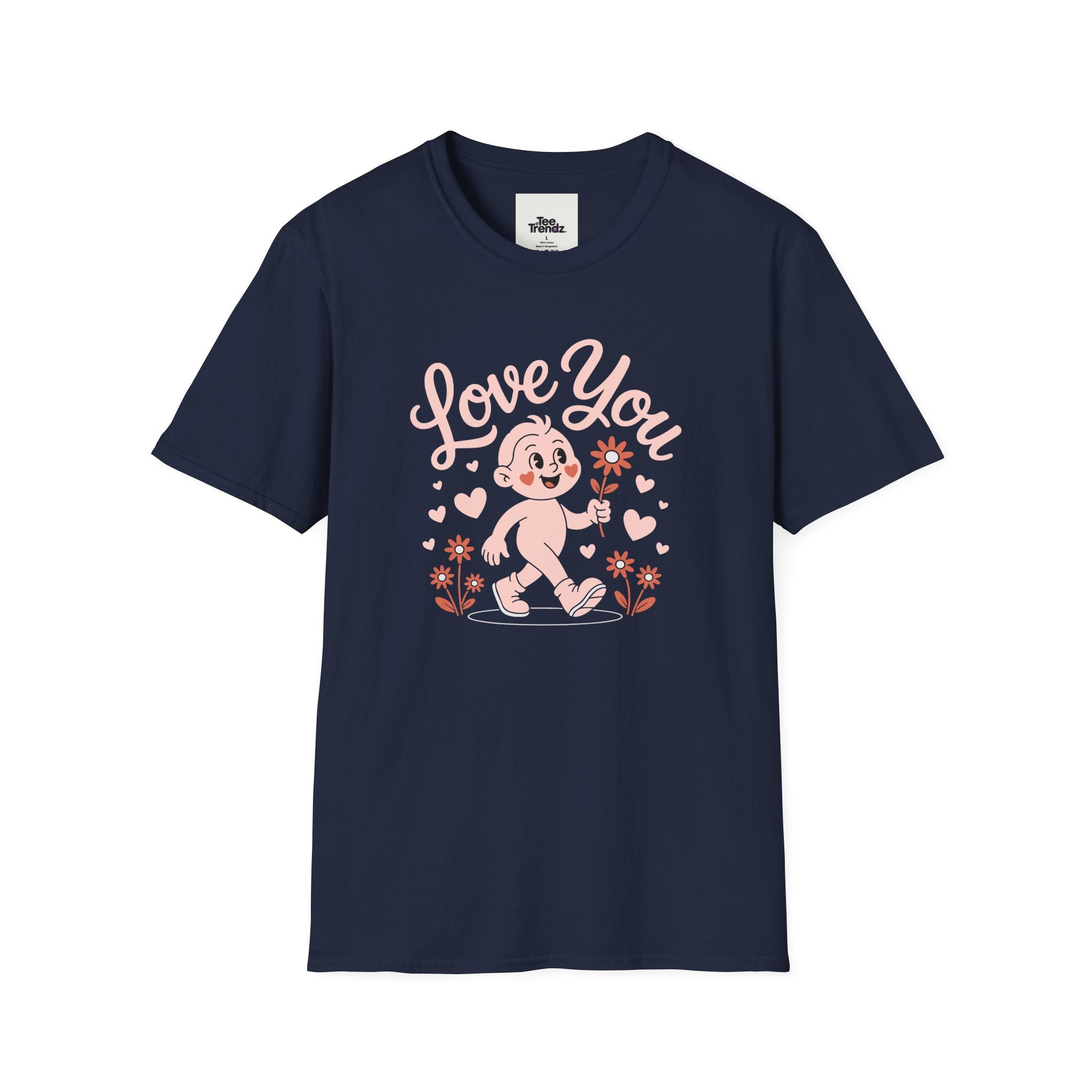 Love You Cute Character T-Shirt — Retro Pink Heart Cartoon Graphic Tee for Valentine’s Day