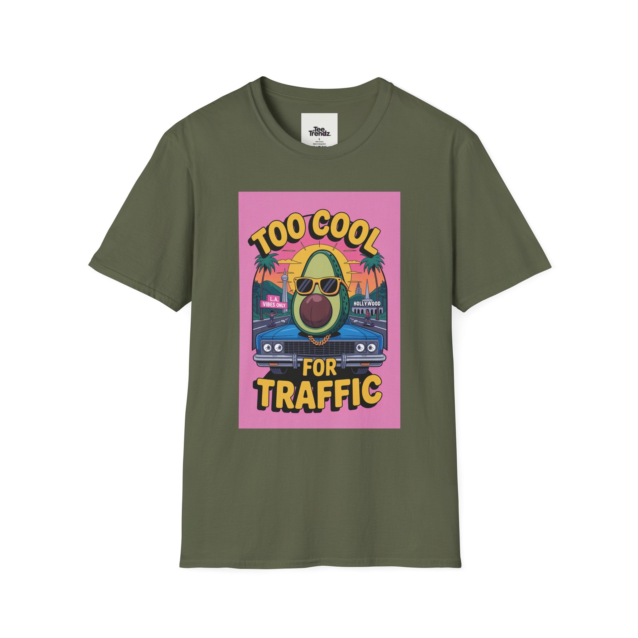 Too Cool for Traffic Avocado Tee — Retro Beach Car Graphic T-Shirt