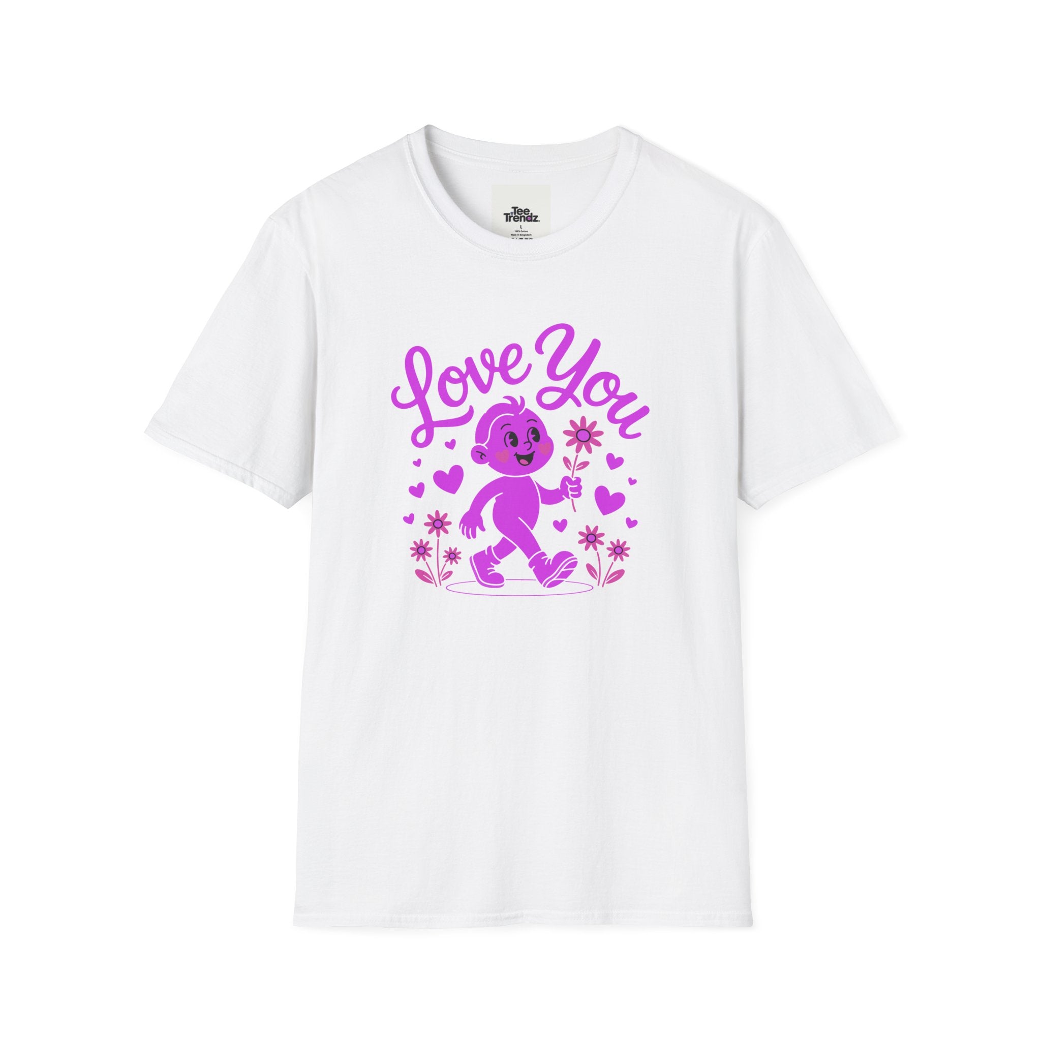 Love You Cute Character T-Shirt — Retro Pink Heart Cartoon Graphic Tee for Valentine’s Day