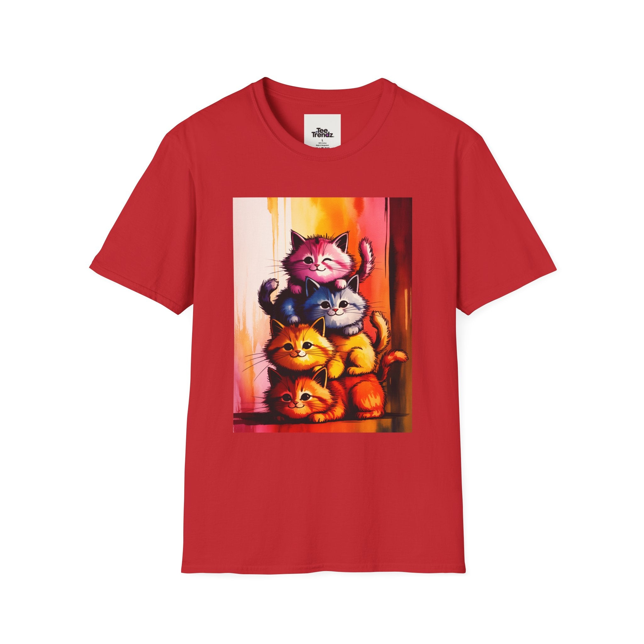 Colorful Stacked Cats T-Shirt — Playful Cute Cat Art Tee