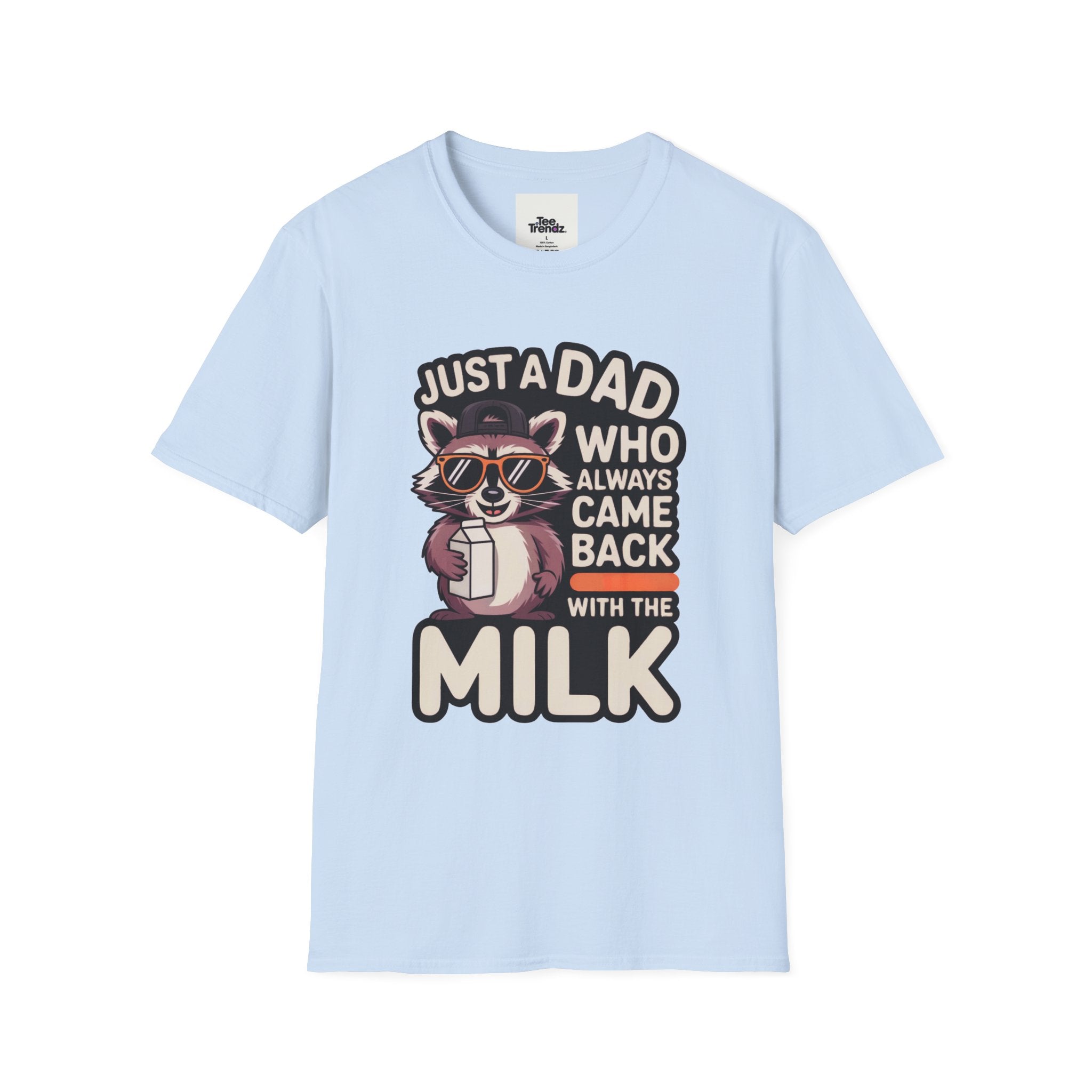 Dad T-Shirt — “Just a Dad Who Always Came Back With the Milk” Vintage Raccoon Design