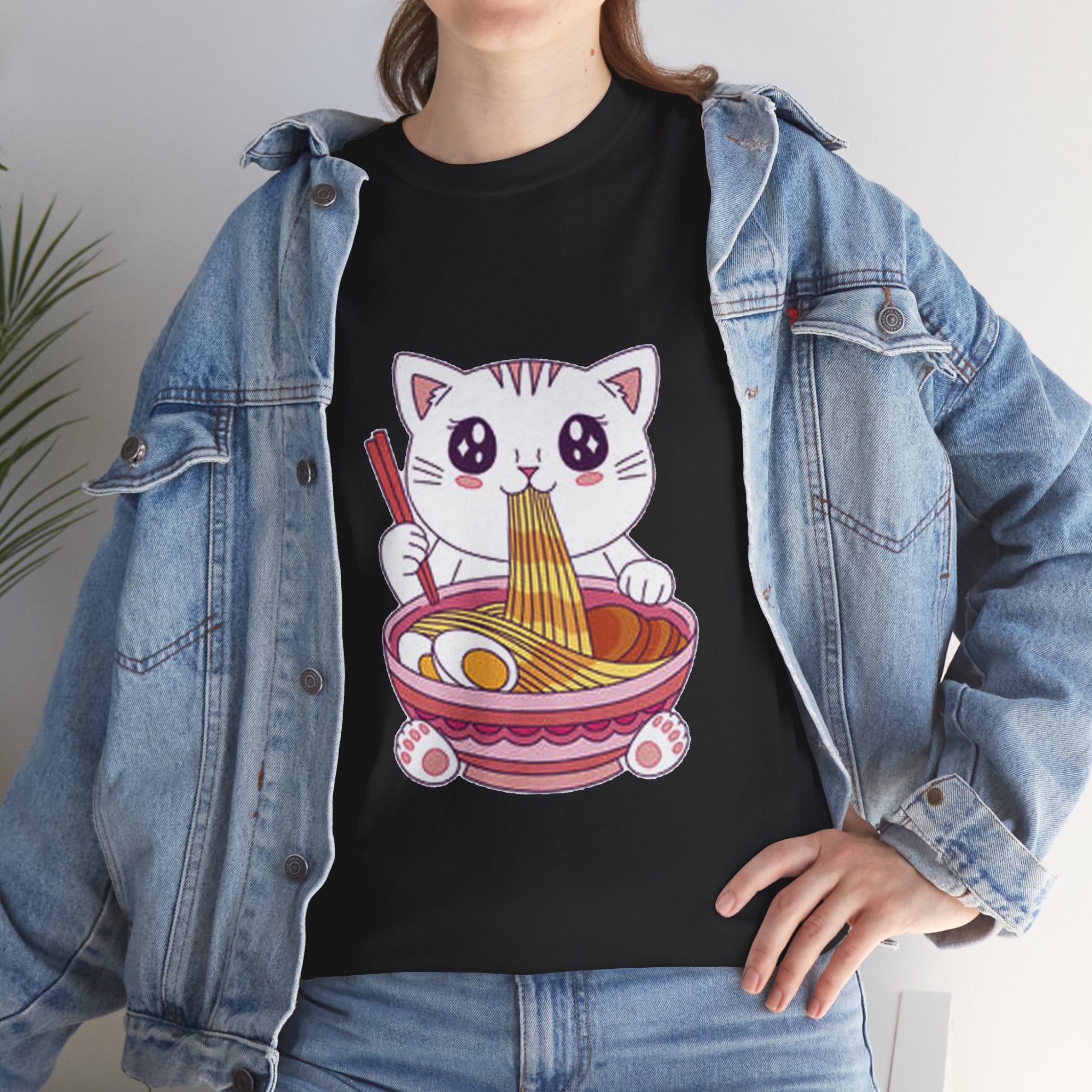 Cute Cat Ramen Tee – Kawaii Kitty Eating Noodles Graphic Shirt