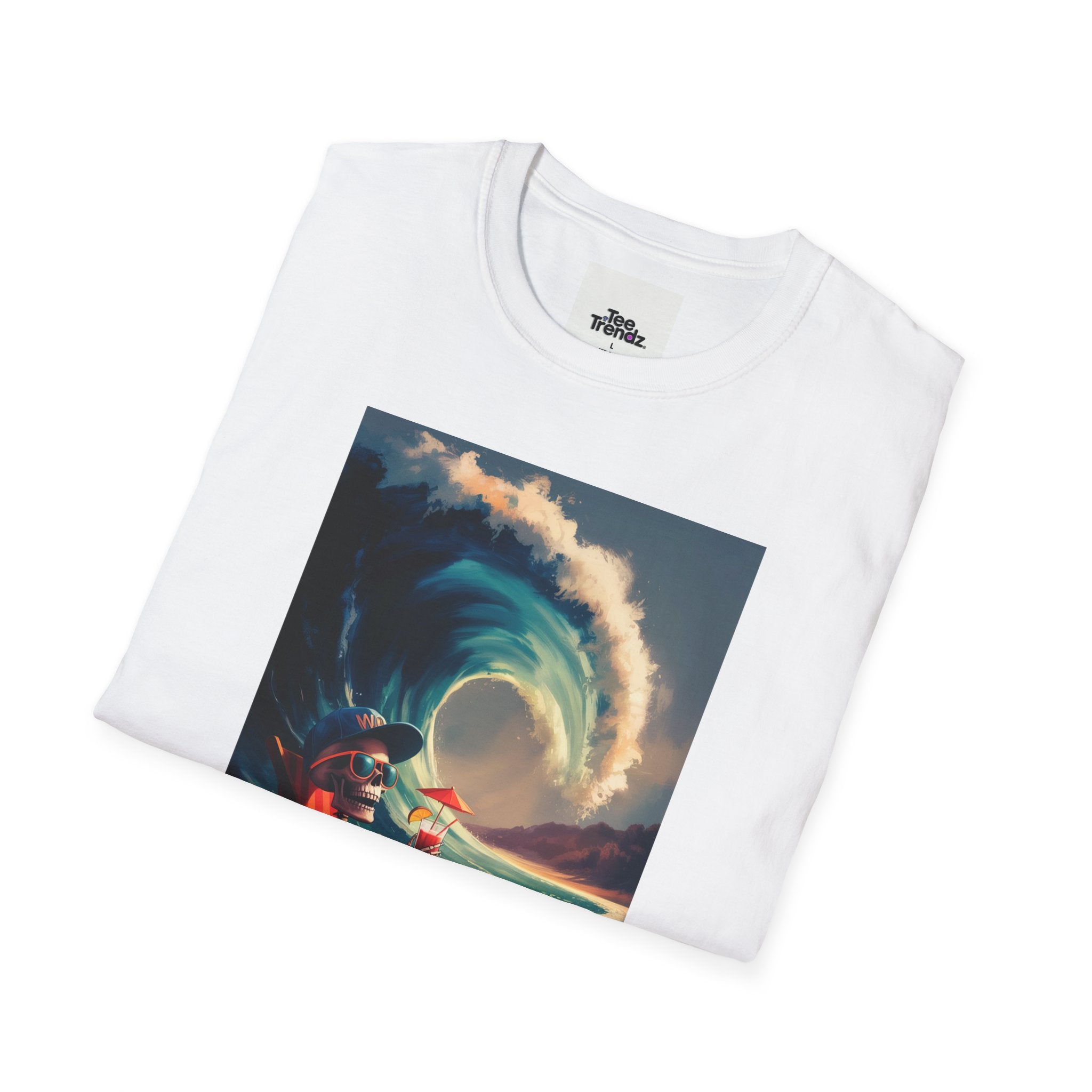 T-Shirt - Retro Beach Surf Scene with Giant Wave and Relaxing Skeleton (Vintage Coastal Vibe)