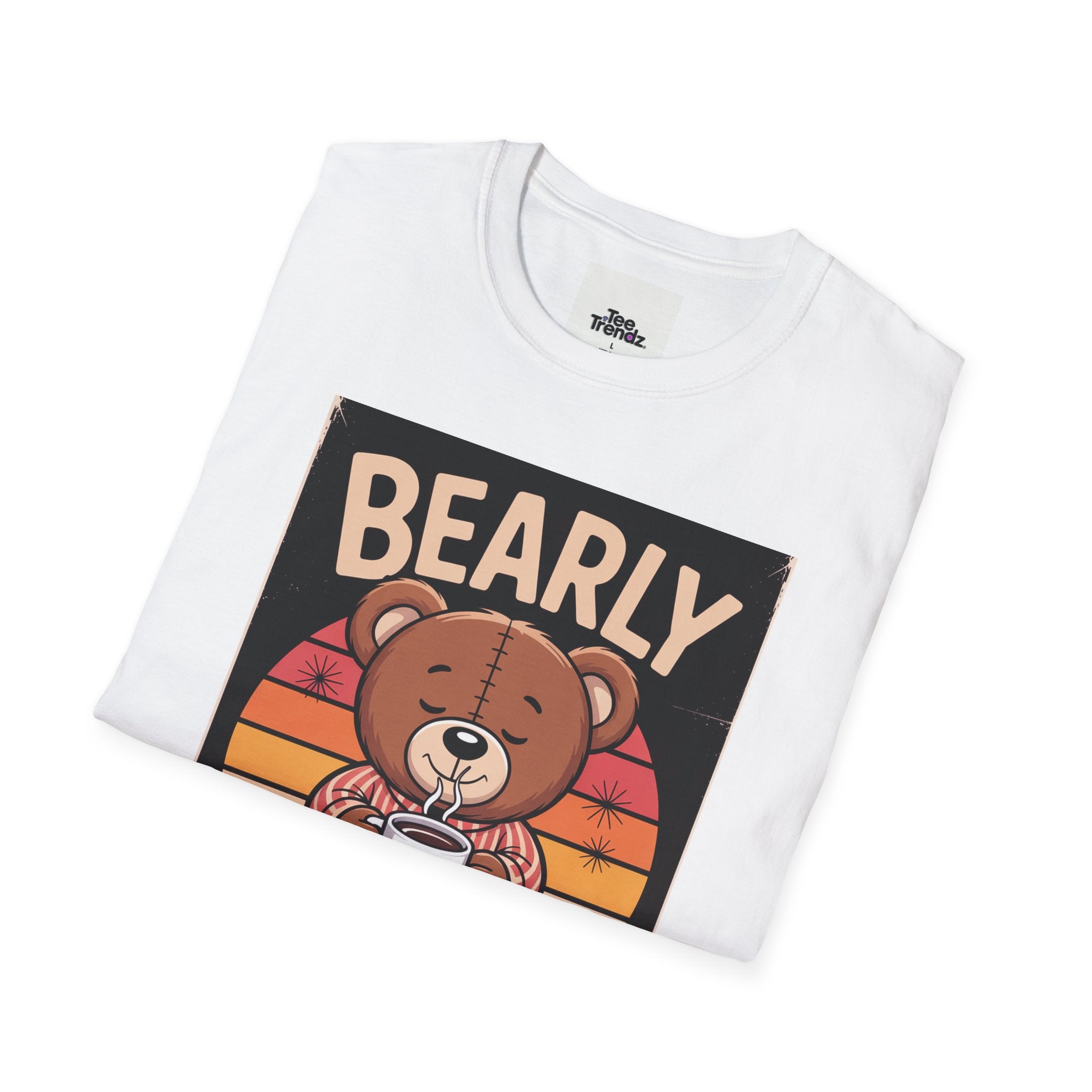 Bearly Awake T‑Shirt — Cute Coffee Bear Vintage Sunset Tee