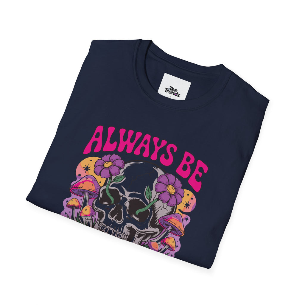 Skull & Mushrooms T-Shirt — "Always Be Weird" Retro Graphic Tee