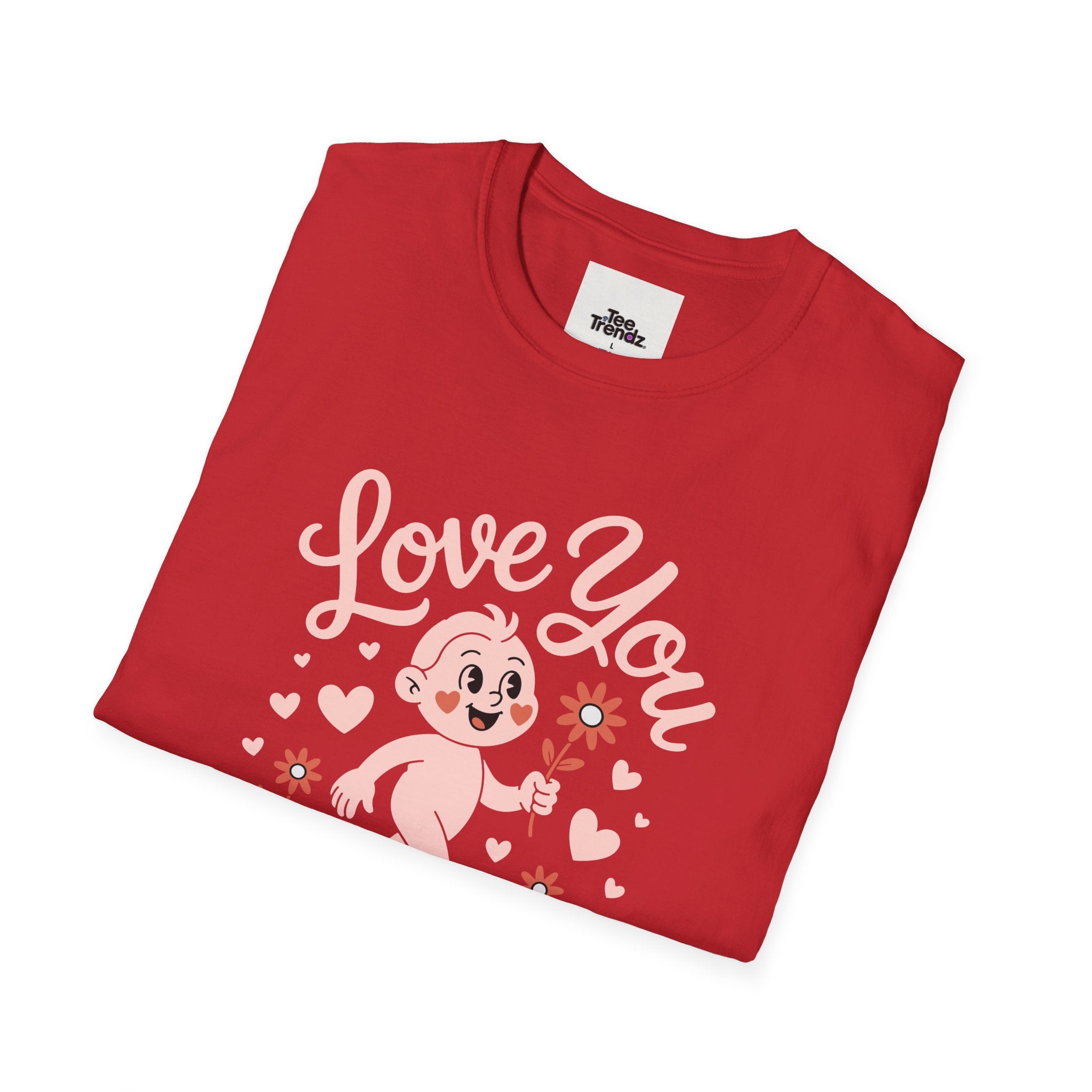 Love You Cute Character T-Shirt — Retro Pink Heart Cartoon Graphic Tee for Valentine’s Day