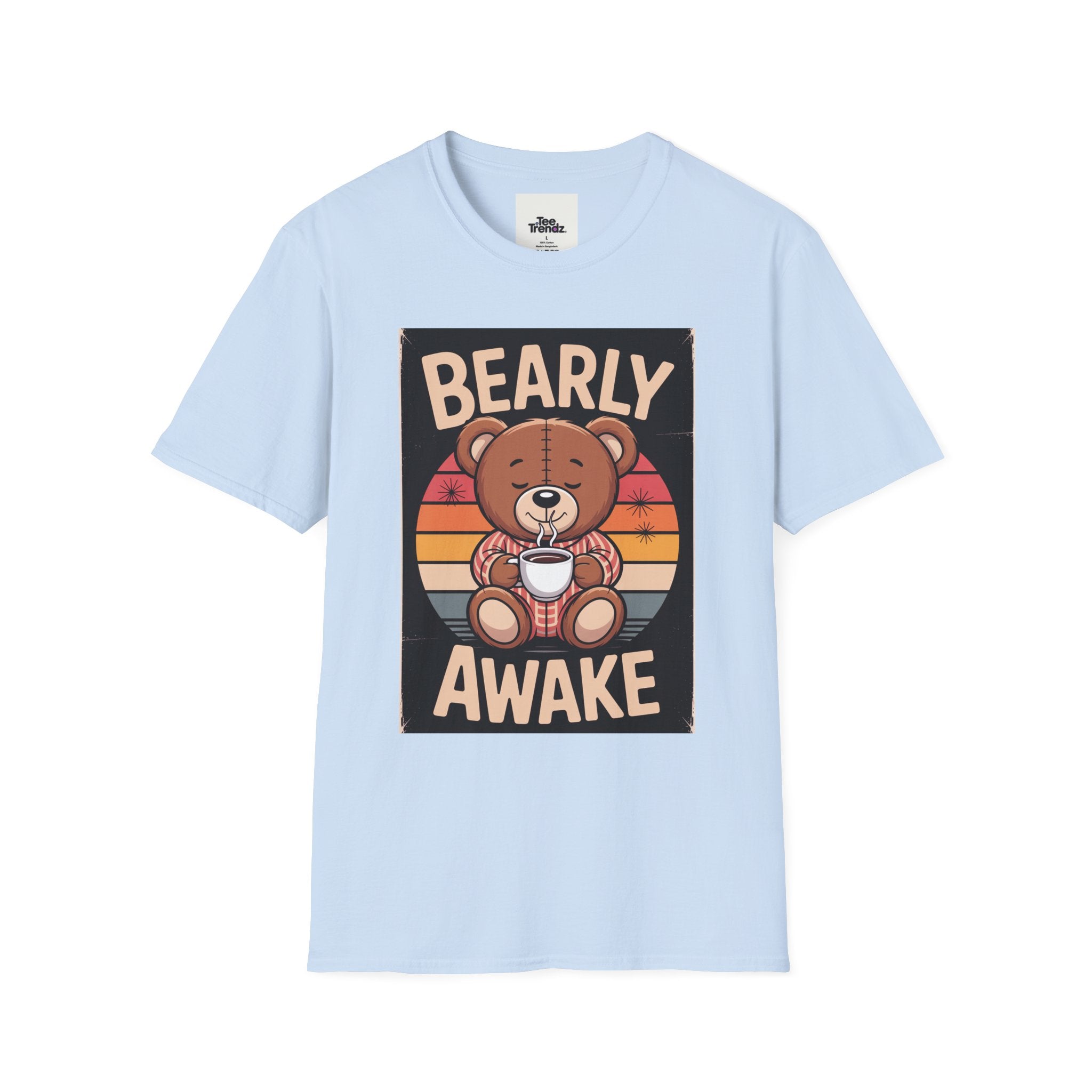 Bearly Awake T‑Shirt — Cute Coffee Bear Vintage Sunset Tee