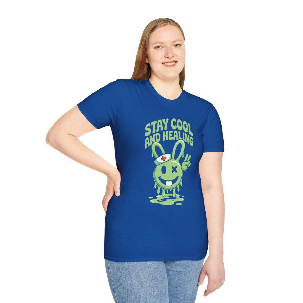 Stay Cool and Healing Graphic T-Shirt — Cute Green Bunny Peace Tee