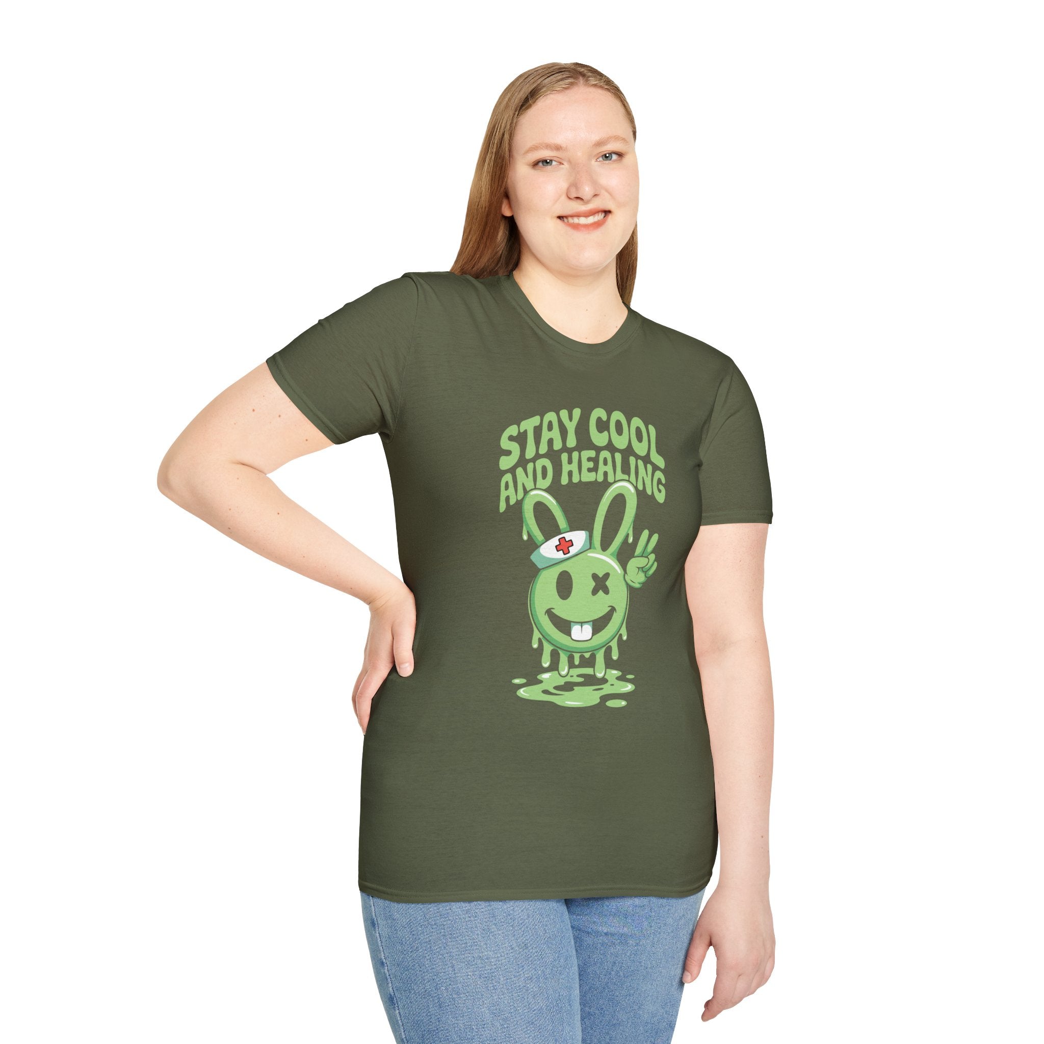 Stay Cool and Healing Graphic T-Shirt — Cute Green Bunny Peace Tee
