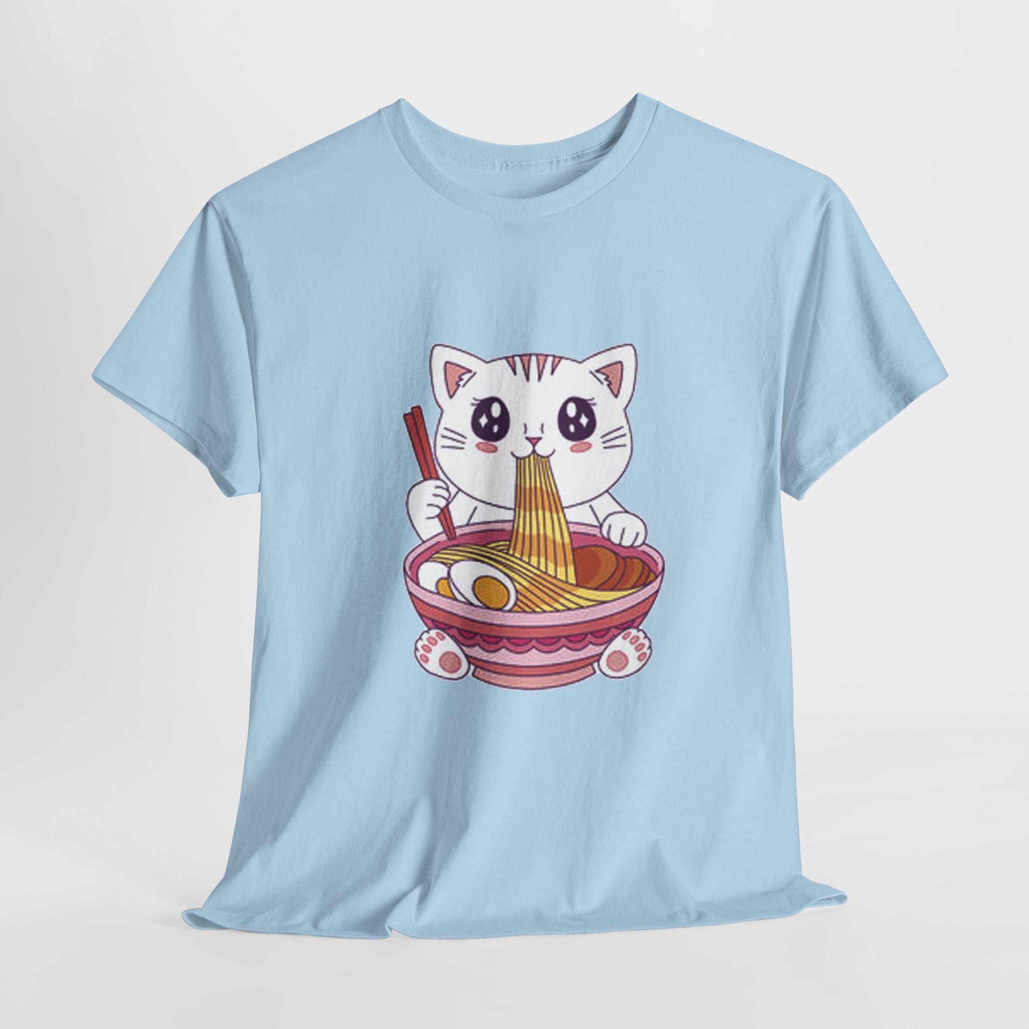 Cute Cat Ramen Tee – Kawaii Kitty Eating Noodles Graphic Shirt