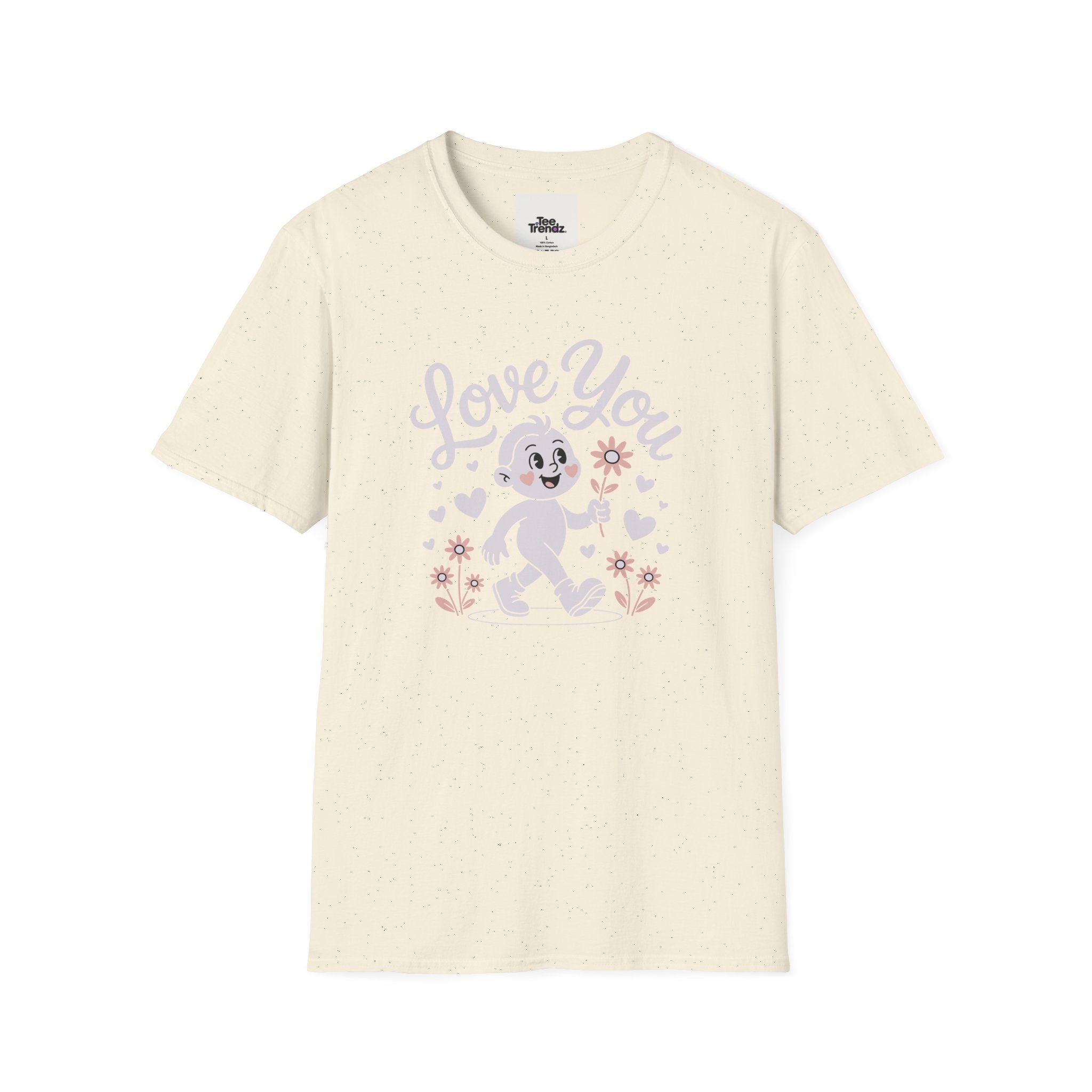 Love You Cute Character T-Shirt — Retro Pink Heart Cartoon Graphic Tee for Valentine’s Day